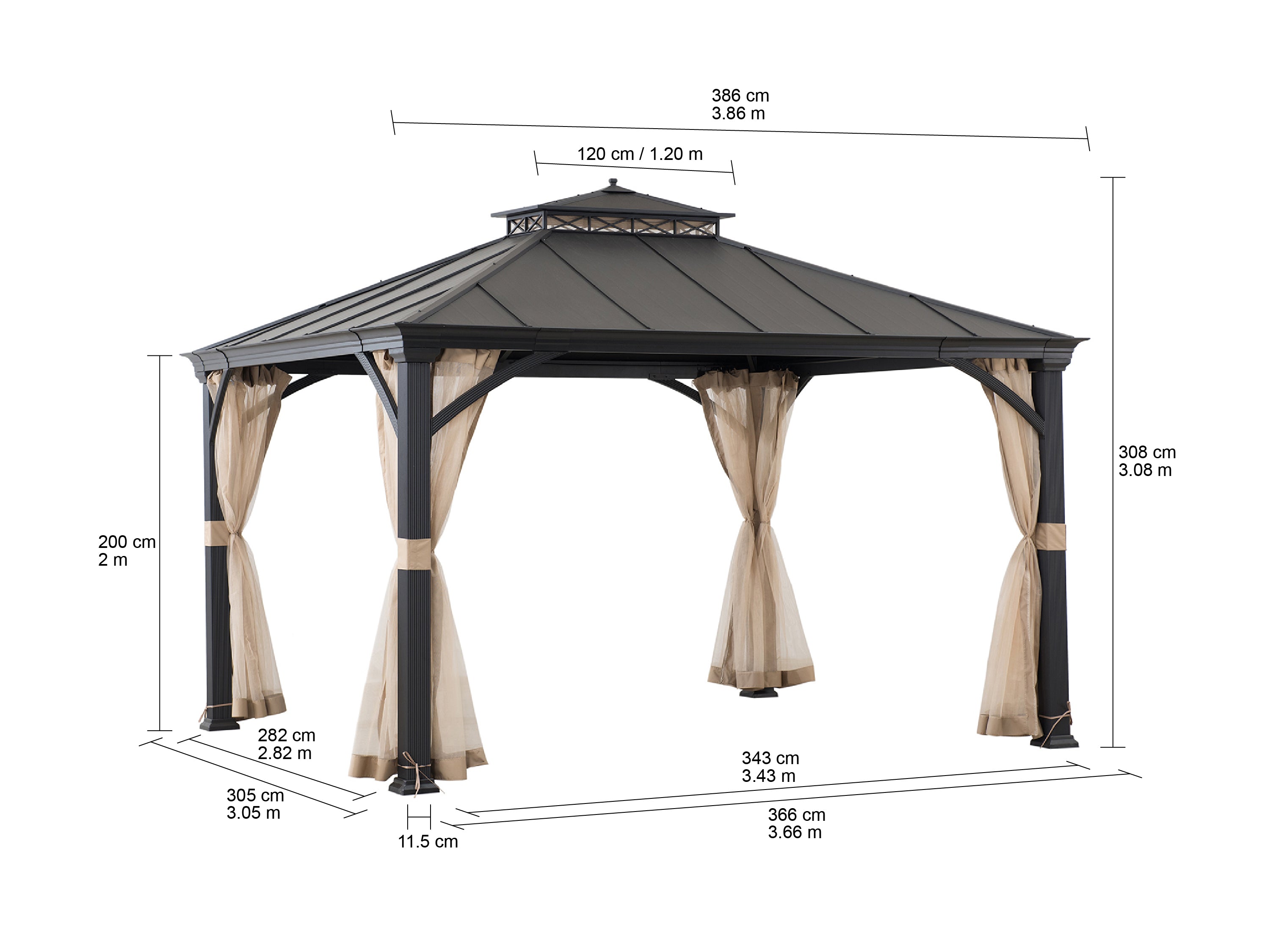 TORRE 385cm x 324cm Black 2-Tier Aluminium Hardtop Gazebo - dimensions
