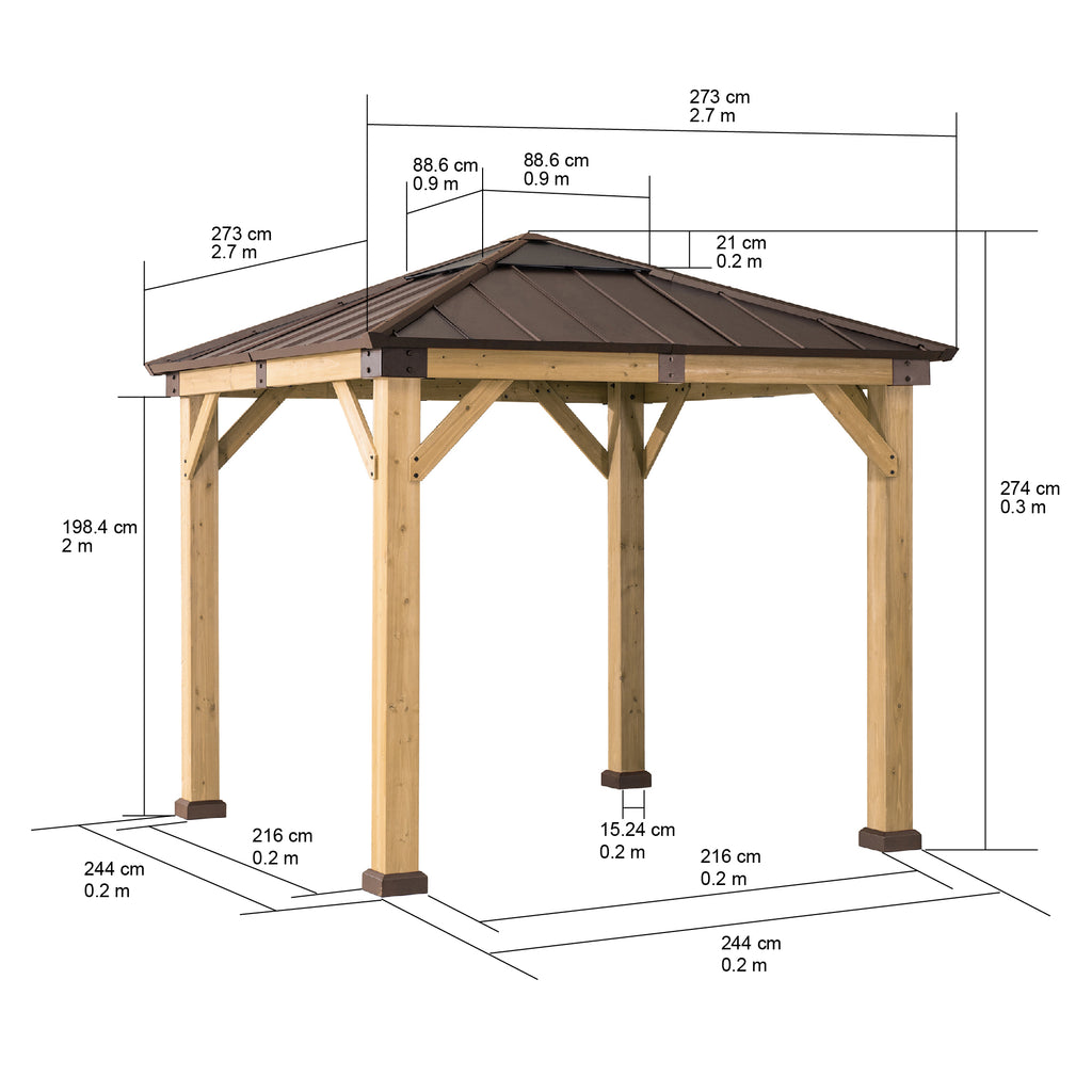 RAPI 273cm x 273cm Cedar Framed Gazebo with Brown Steel and Polycarbonate Hip Roof - dimensions