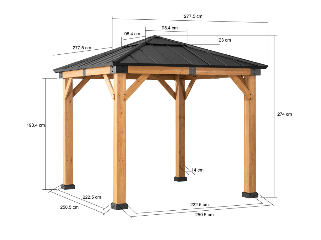 RAPI 273cm x 273cm Cedar Framed Gazebo with Gray Steel and Polycarbonate Hip Roof