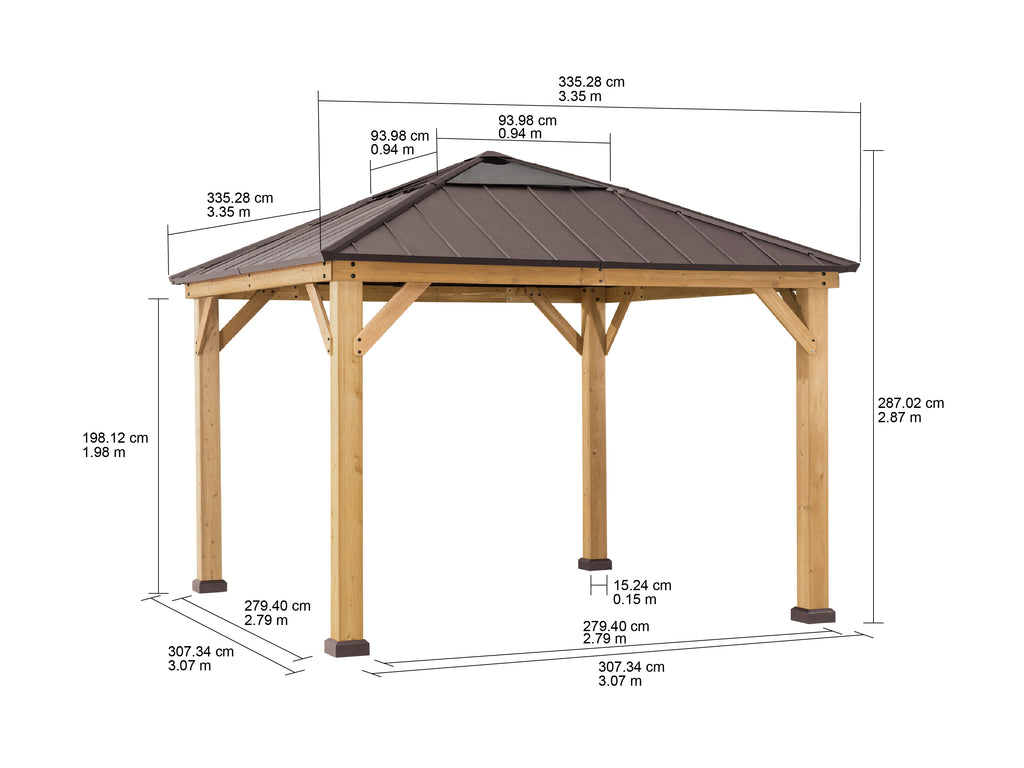 PIRIN 336cm x 336cm Cedar Framed Gazebo with Anthracite Brown Steel and Polycarbonate Hip Roof - dimensions