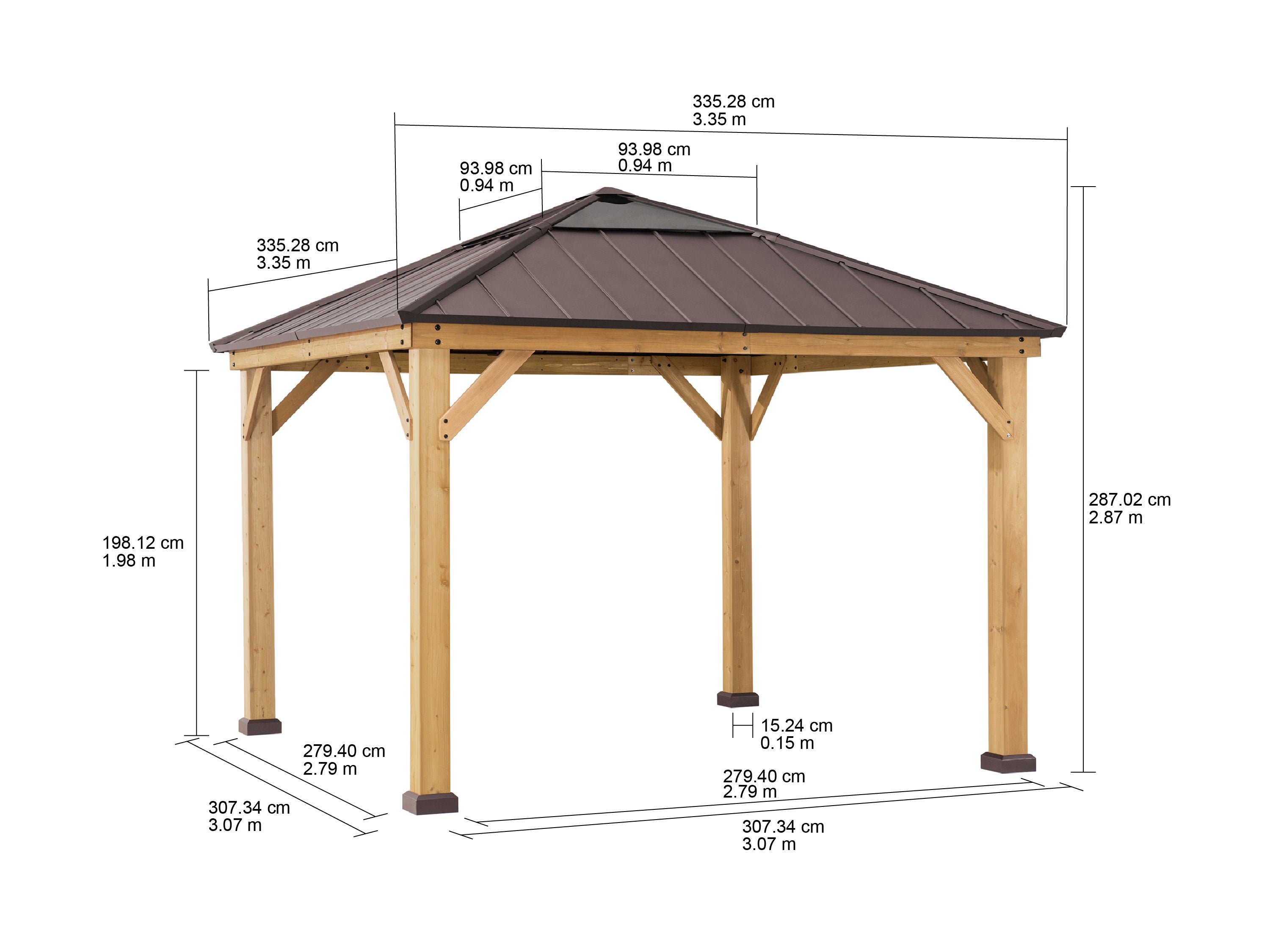 PIRIN 336cm x 336cm Cedar Framed Gazebo with Anthracite Brown Steel and Polycarbonate Hip Roof - dimensions