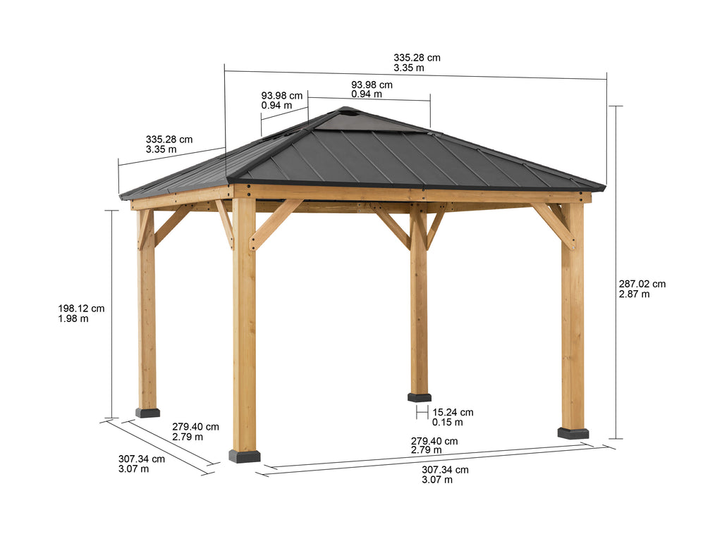 PIRIN 336cm x 336cm Cedar Framed Gazebo with Anthracite Gray Steel and Polycarbonate Hip Roof - dimensions