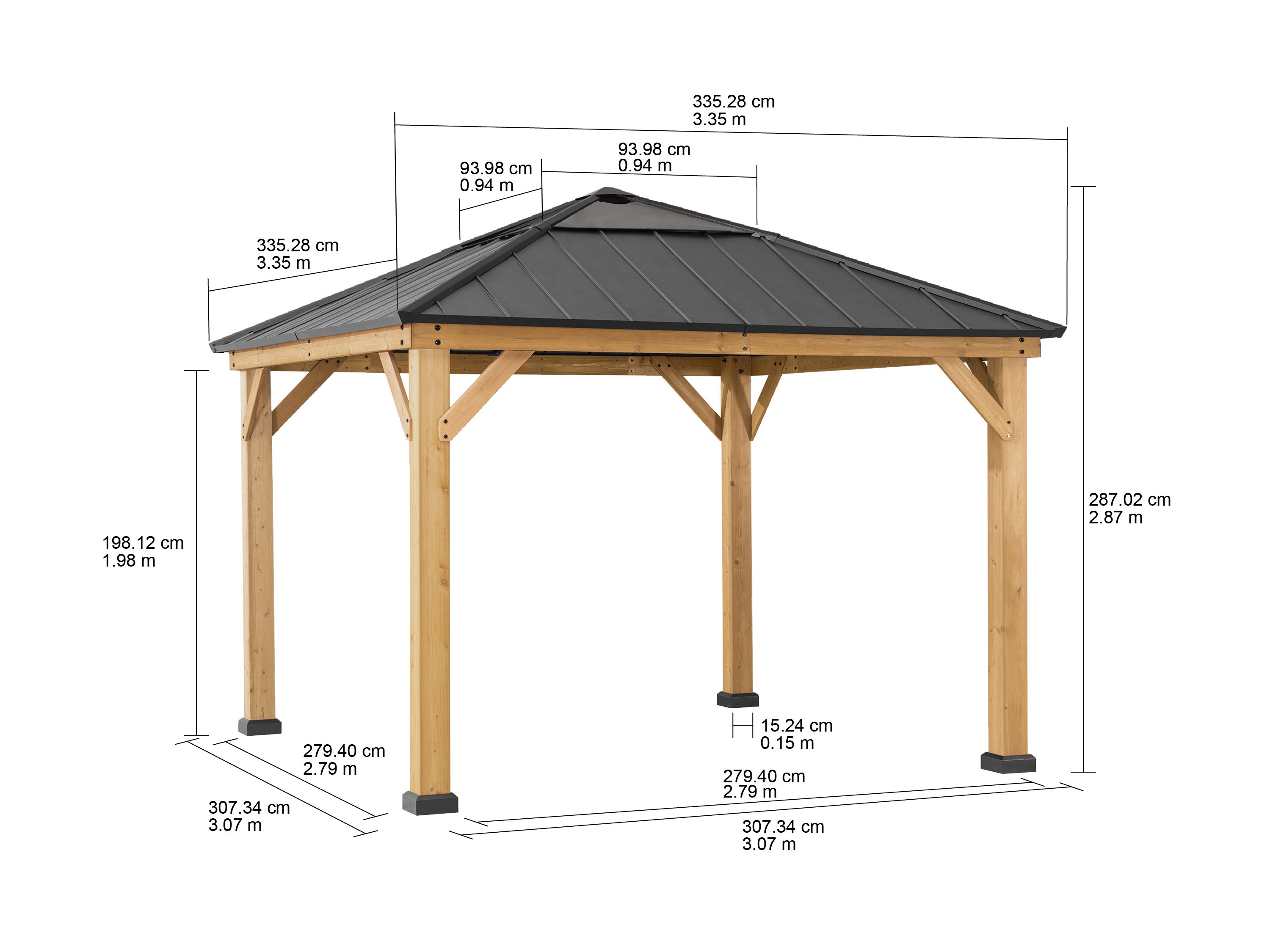 PIRIN 336cm x 336cm Cedar Framed Gazebo with Anthracite Gray Steel and Polycarbonate Hip Roof - dimensions
