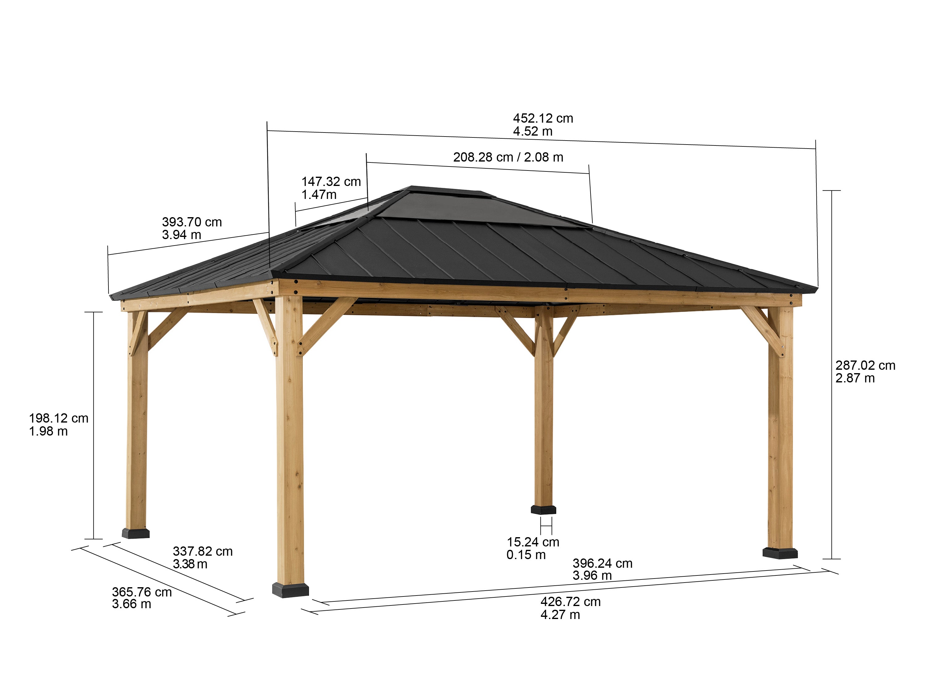 ERNIR 393cm x 452cm Cedar Wood Gazebo with Anthracite Steel Hardtop Roof - dimensions