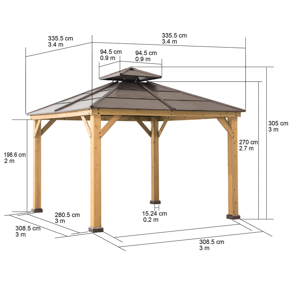 PAPS 335cm x 335cm Cedar Framed Gazebo with Brown Steel 2-tier Hip Roof - dimensions