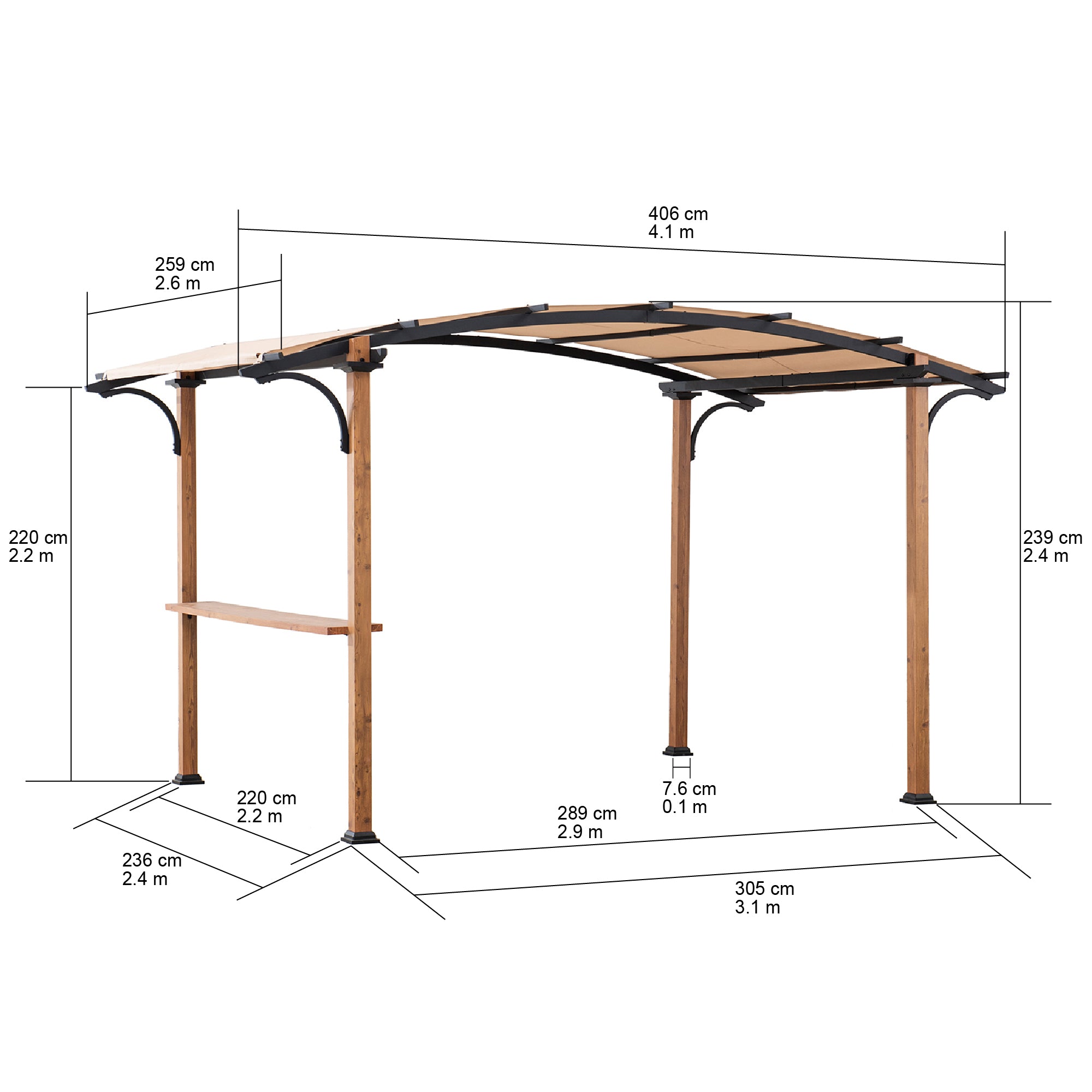 SKUTA 259cm x 406cm Steel Arched Canopy Pergola with Beige Fabric Soft Top - dimensions