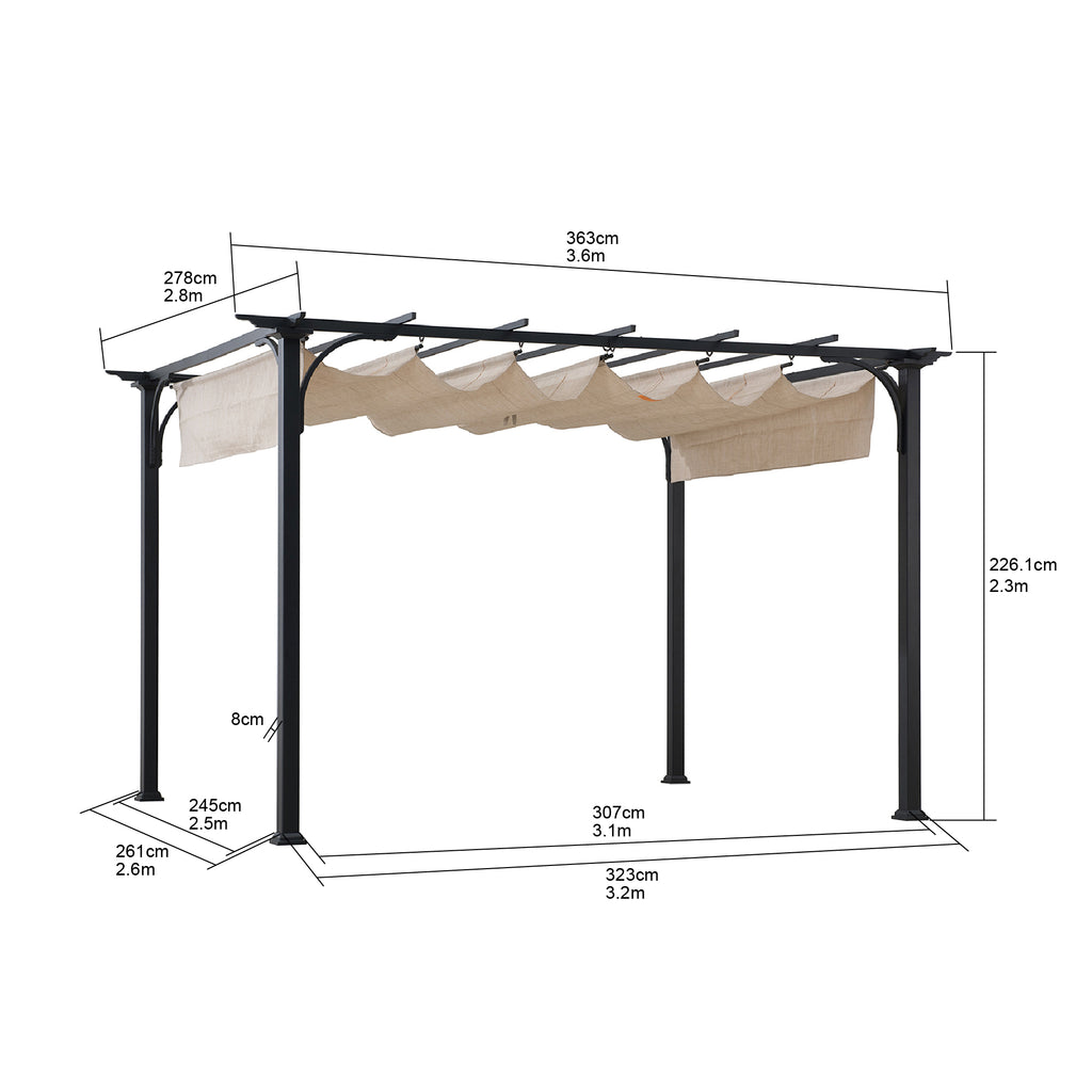 GIONA 277cm x 363cm Steel Adjustable Canopy Pergola with Beige Fabric Soft Top - pergola dimensions