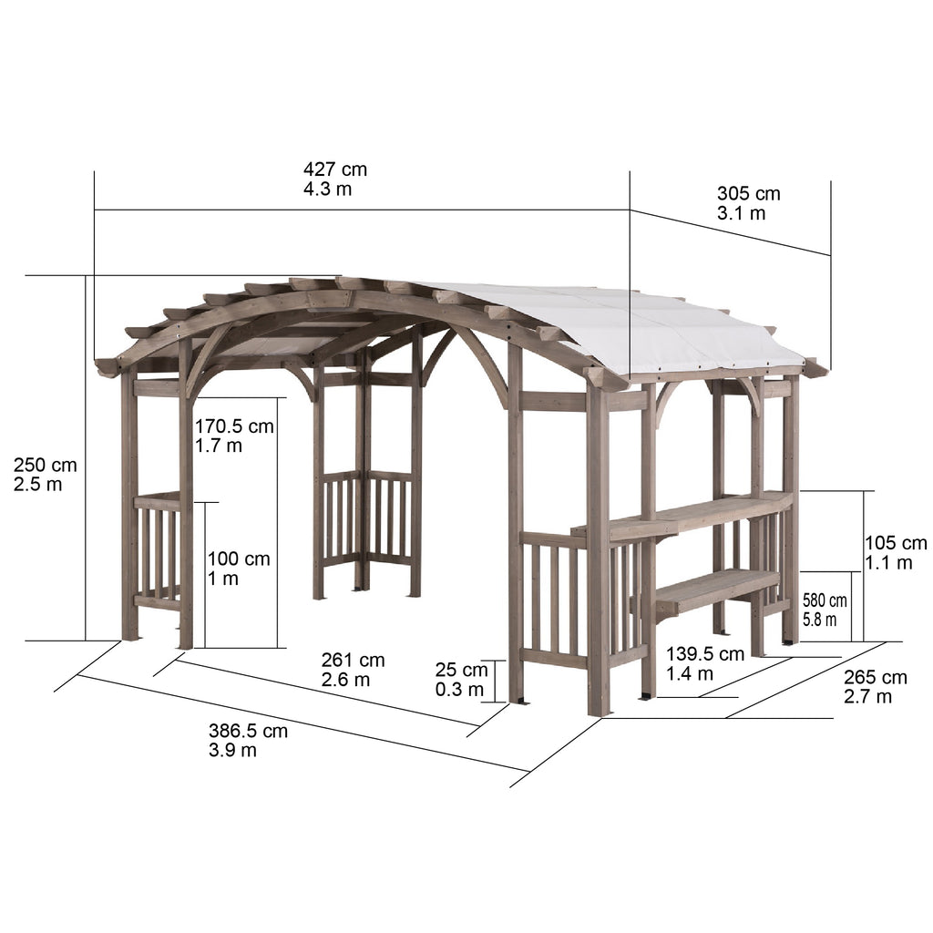 DAJTI 305cm x 427cm Cedar Wood Arched Pergola with Gray Fabric Soft Top - pergola dimensions