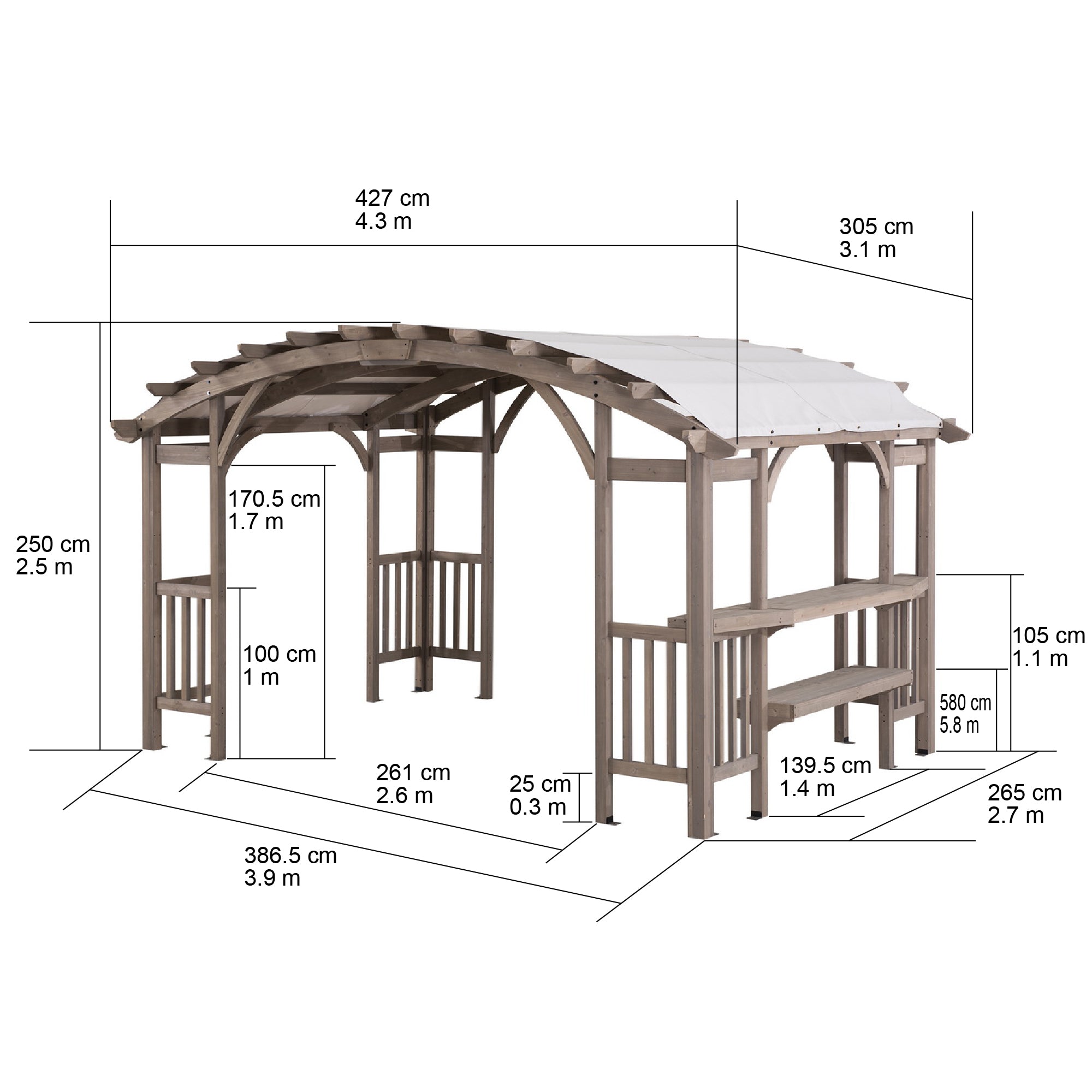 DAJTI 305cm x 427cm Cedar Wood Arched Pergola with Gray Fabric Soft Top - pergola dimensions