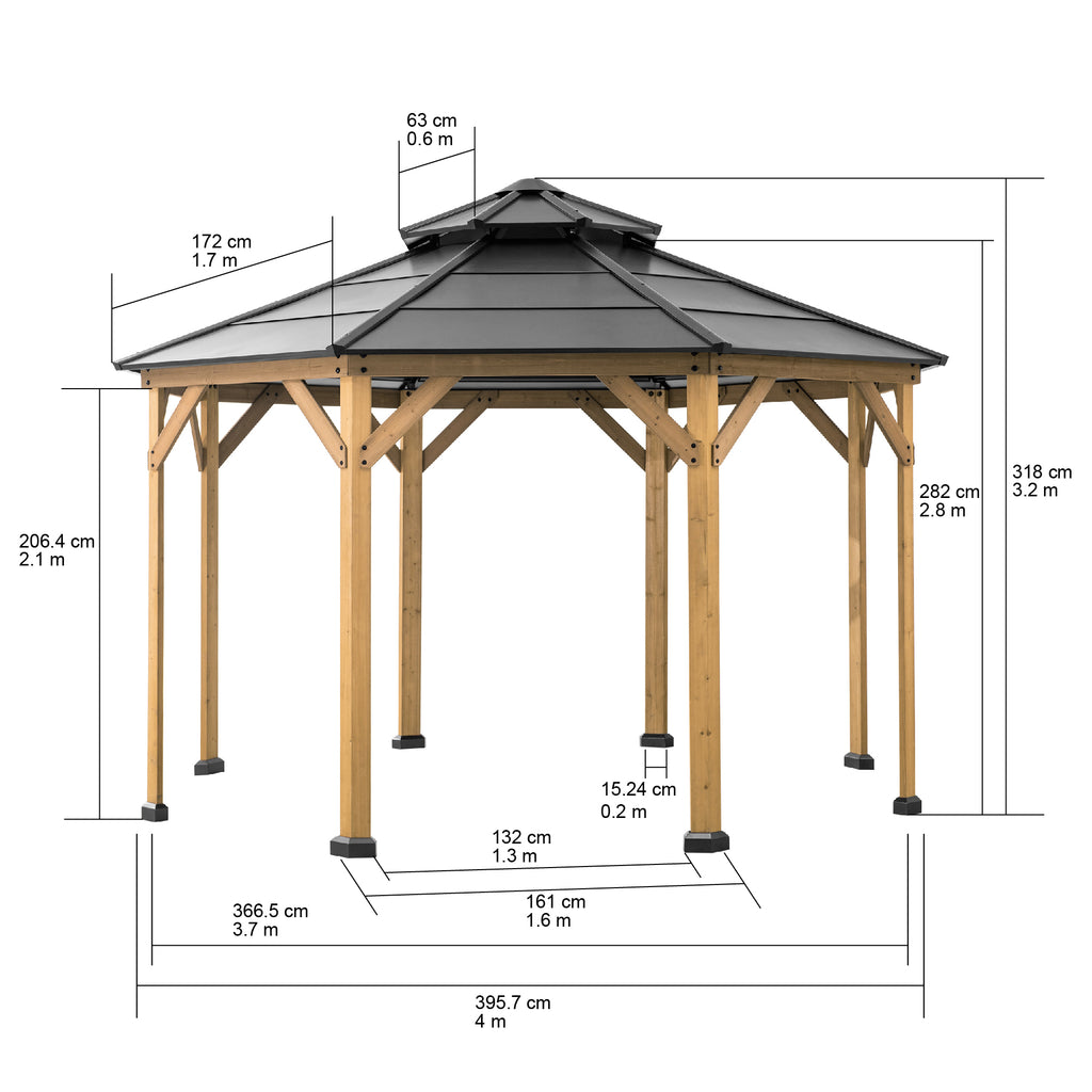 EGGI 395cm x 395cm Cedar Framed Octagon Gazebo with Anthracite Steel 2-tier Hardtop - dimensions
