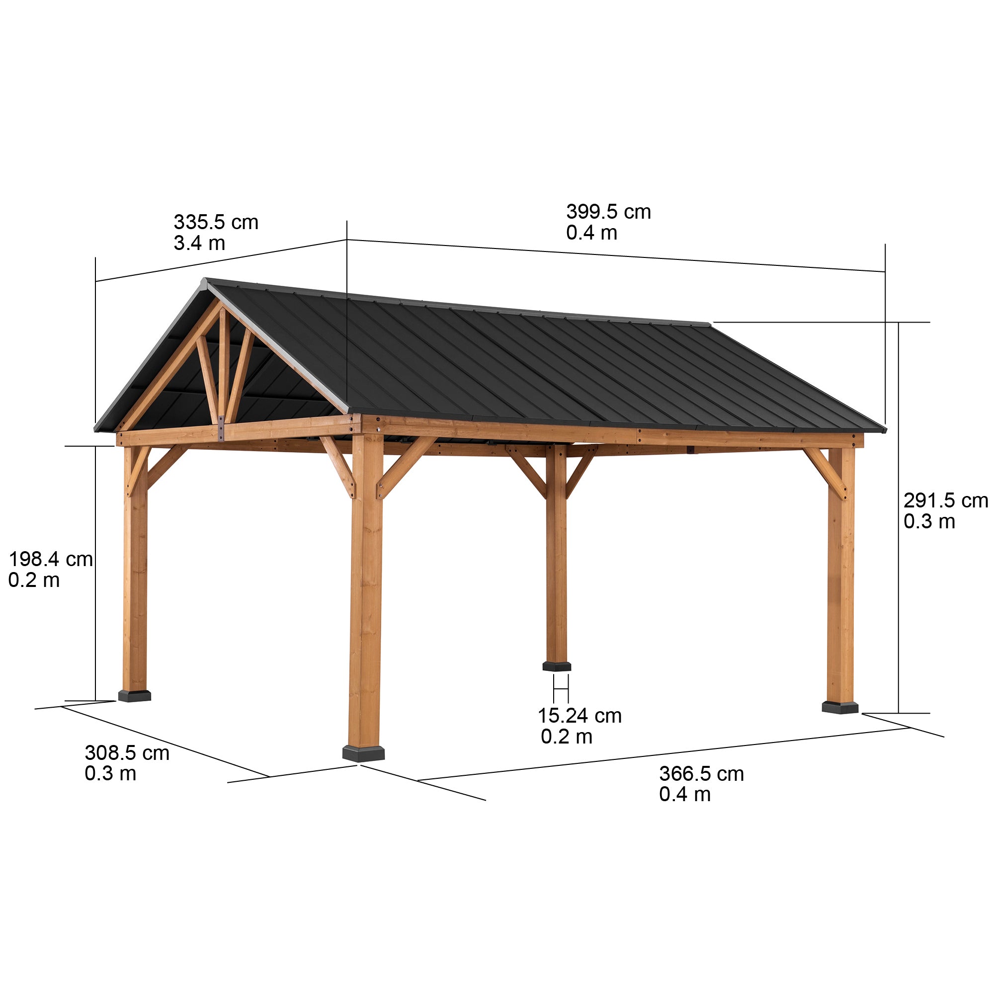 TÖDI 336cm x 400cm Cedar Framed Gazebo with Anthracite Steel Gable Hardtop - dimensions