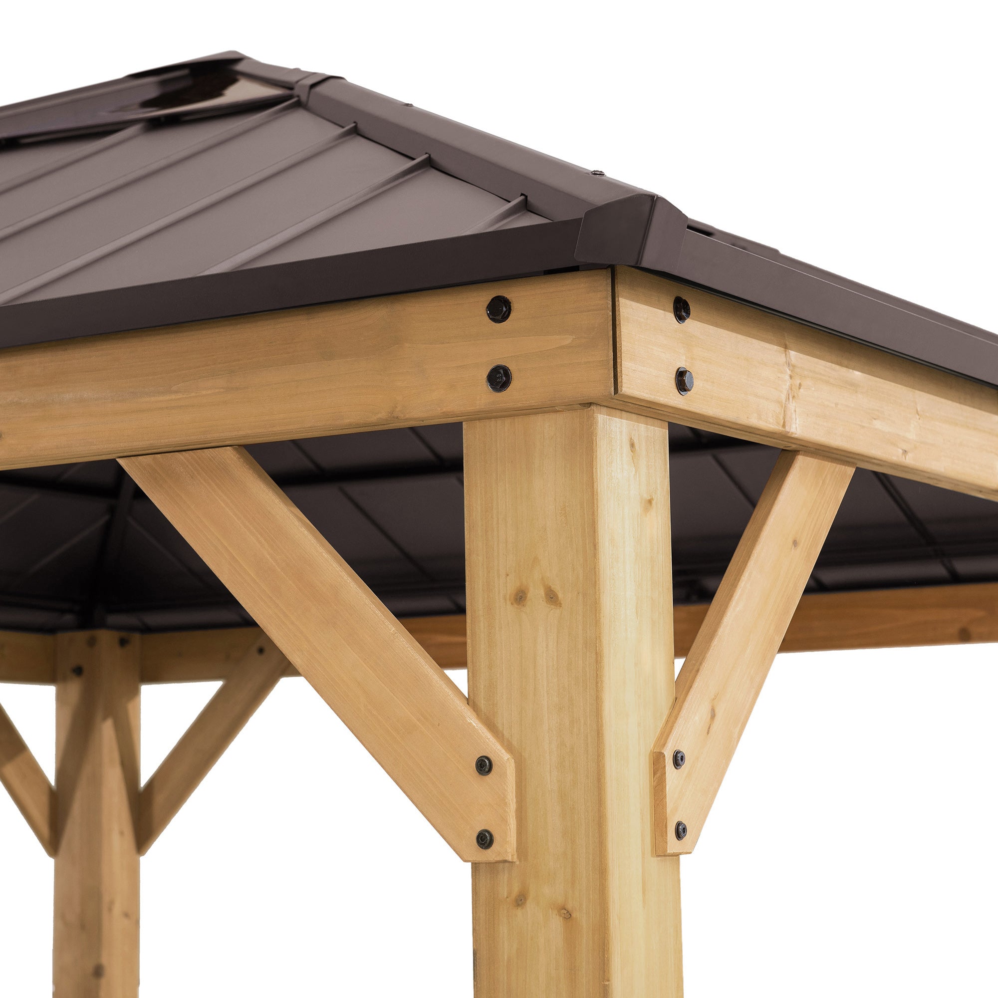 PIRIN 336cm x 336cm Cedar Framed Gazebo with Anthracite Brown Steel and Polycarbonate Hip Roof - top corner