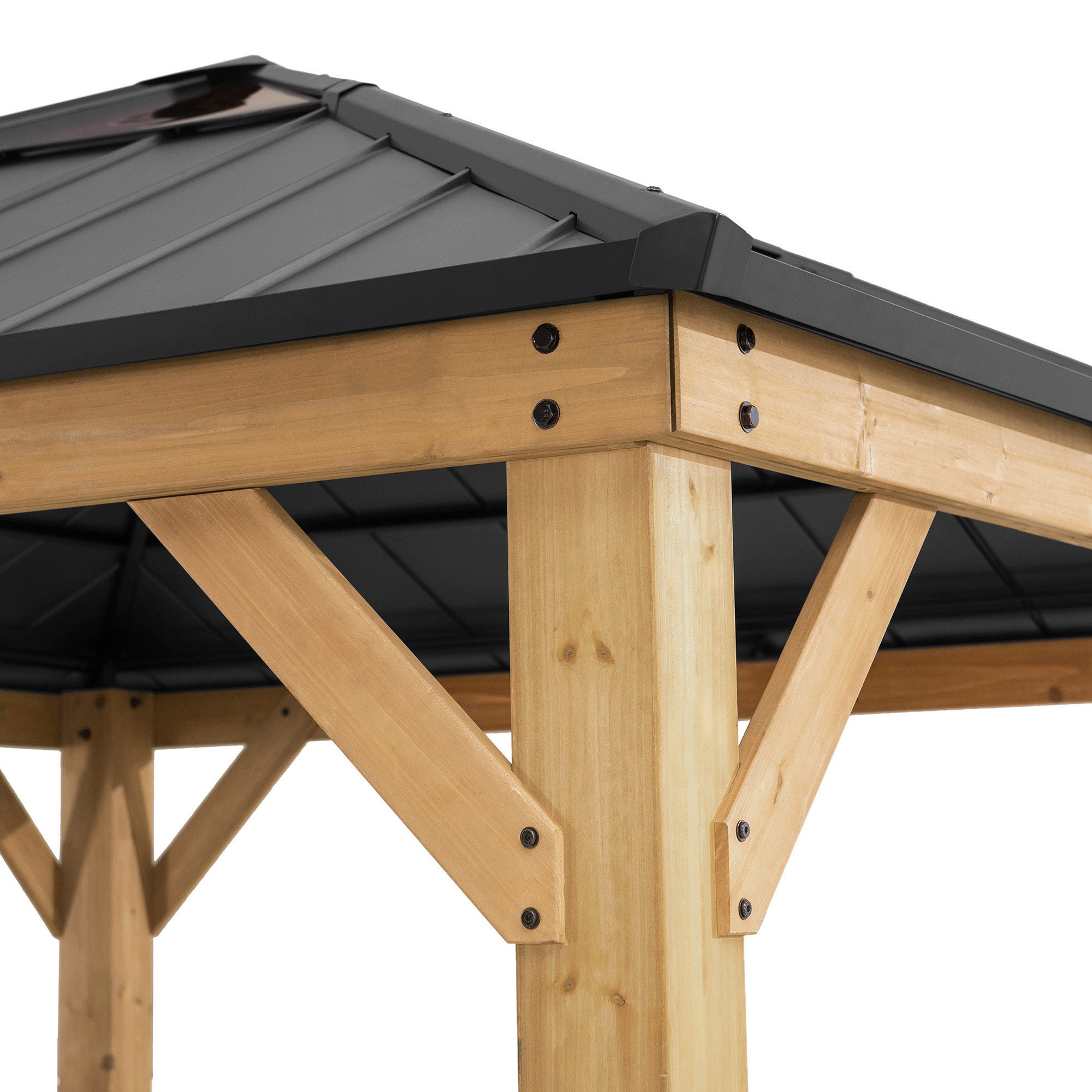 PIRIN 336cm x 336cm Cedar Framed Gazebo with Anthracite Gray Steel and Polycarbonate Hip Roof - corner