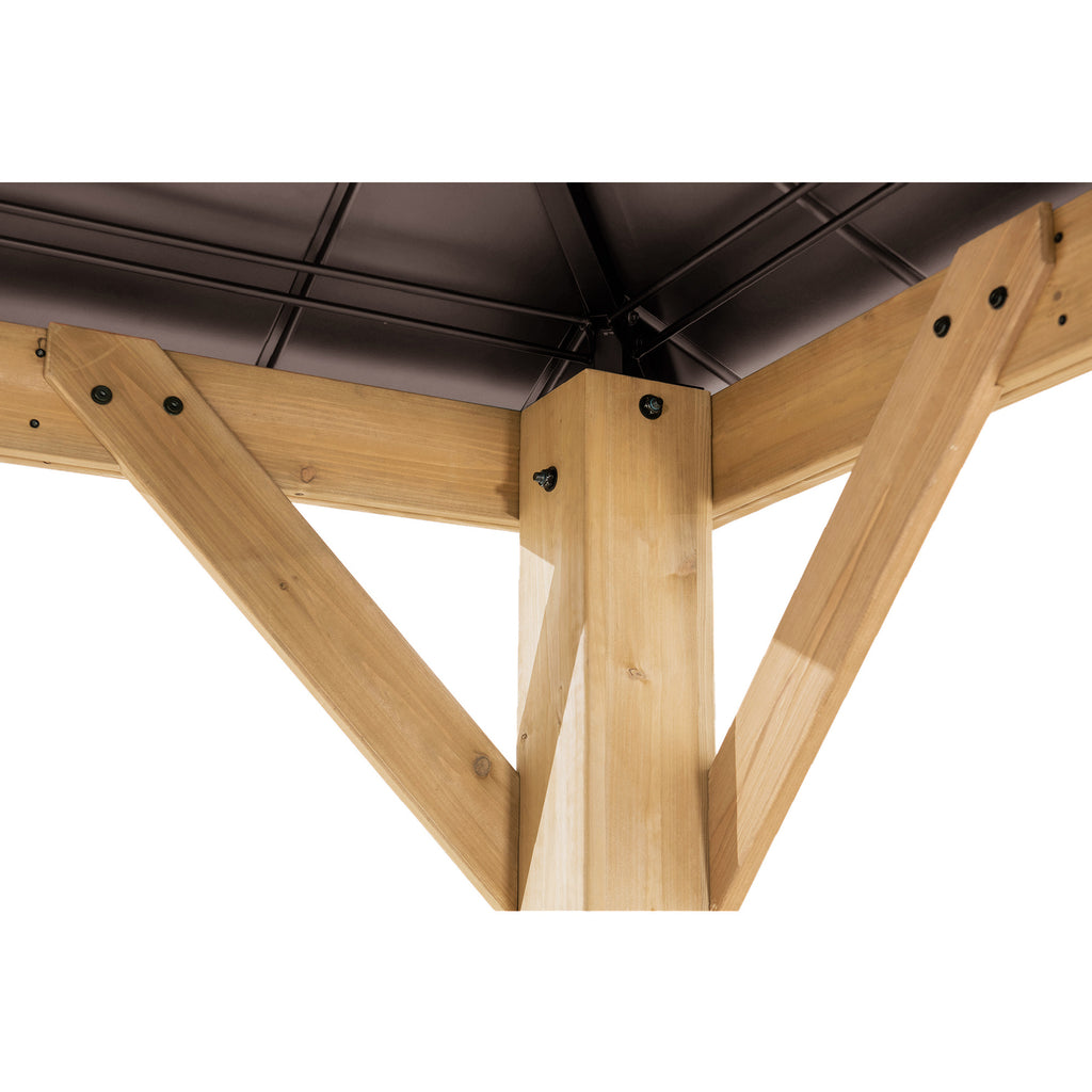PIRIN 336cm x 336cm Cedar Framed Gazebo with Anthracite Brown Steel and Polycarbonate Hip Roof - inside top corner