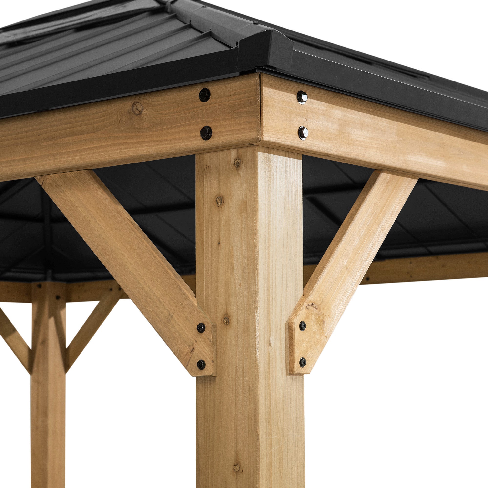 ERNIR 393cm x 452cm Cedar Wood Gazebo with Anthracite Steel Hardtop Roof - corner