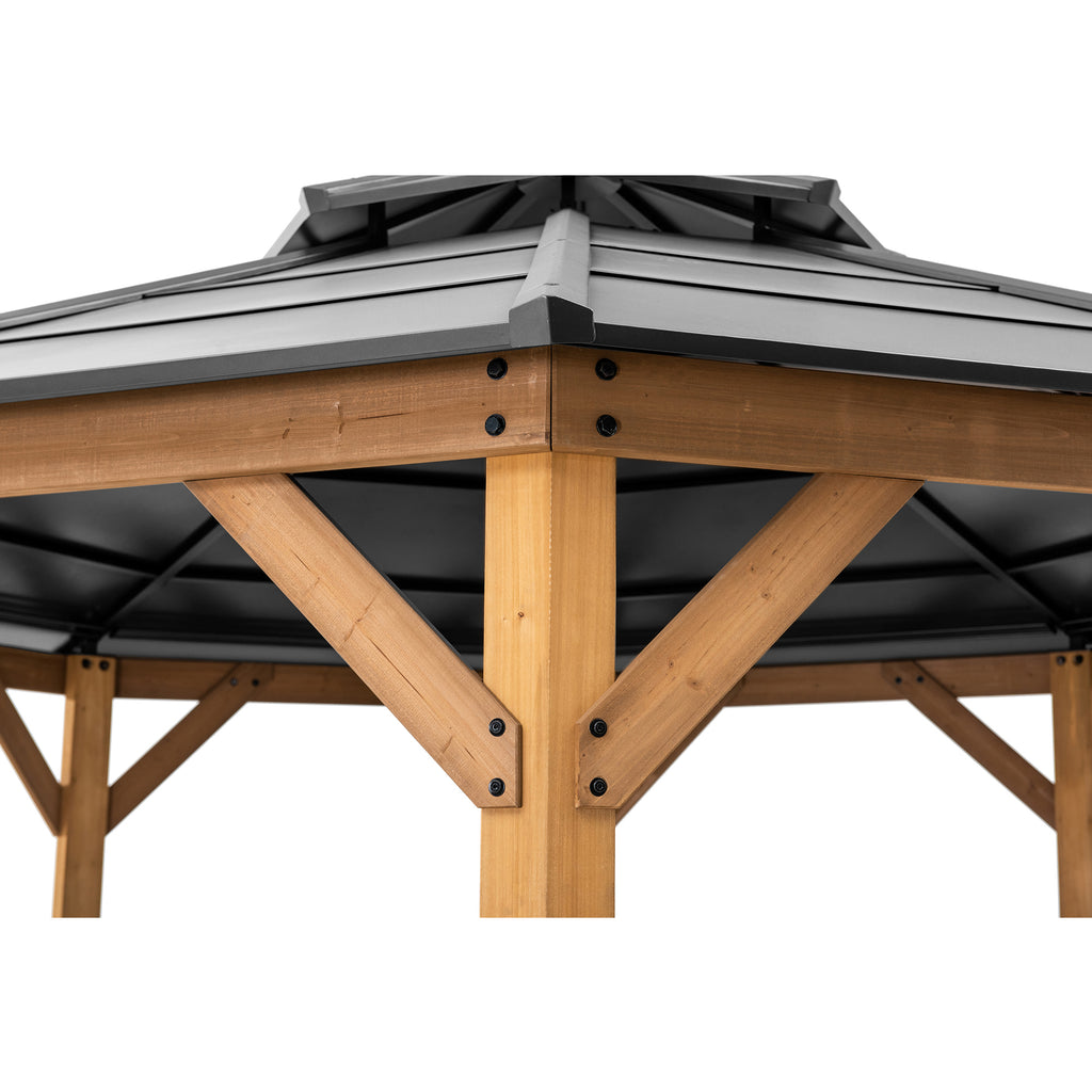 EGGI 395cm x 395cm Cedar Framed Octagon Gazebo with Anthracite Steel 2-tier Hardtop - corner