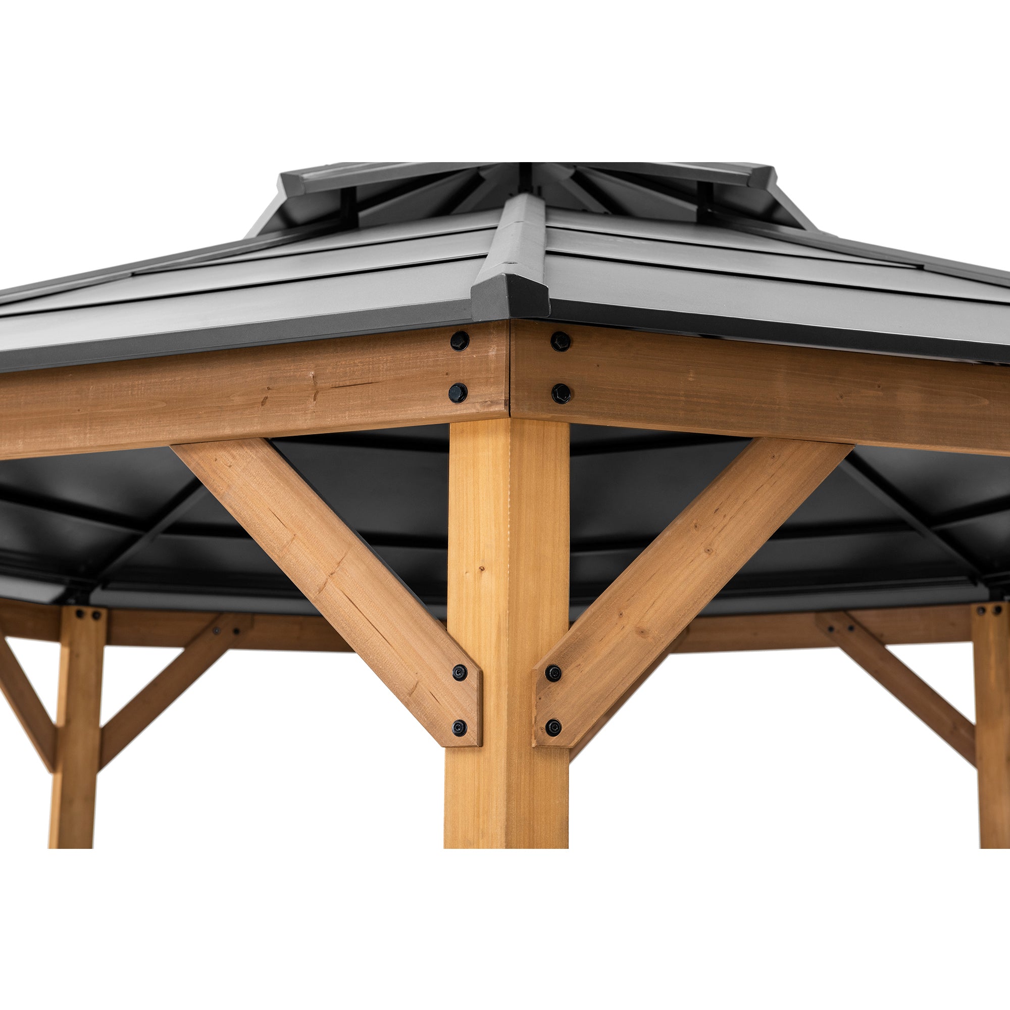 EGGI 395cm x 395cm Cedar Framed Octagon Gazebo with Anthracite Steel 2-tier Hardtop - corner