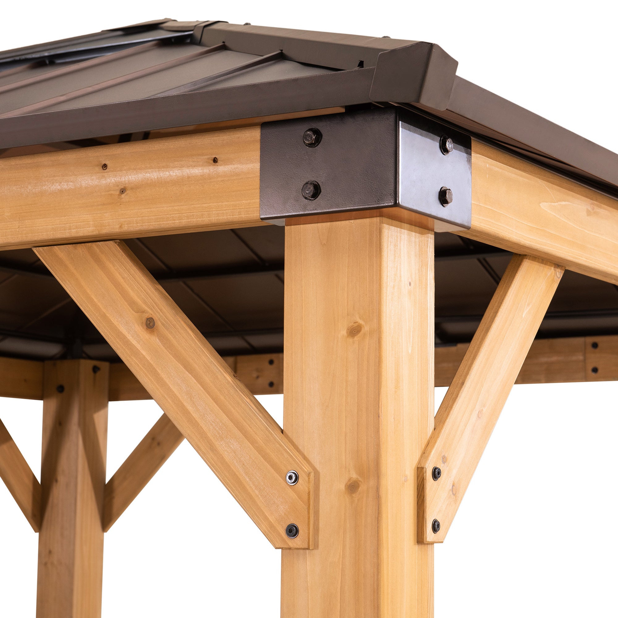 RAPI 273cm x 273cm Cedar Framed Gazebo with Brown Steel and Polycarbonate Hip Roof - corner