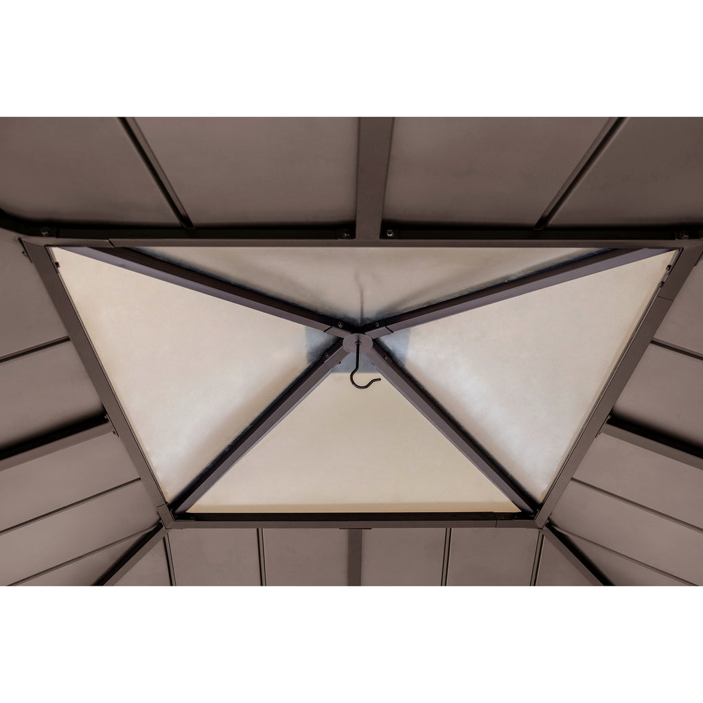 PIRIN 336cm x 336cm Cedar Framed Gazebo with Anthracite Brown Steel and Polycarbonate Hip Roof - inside roof