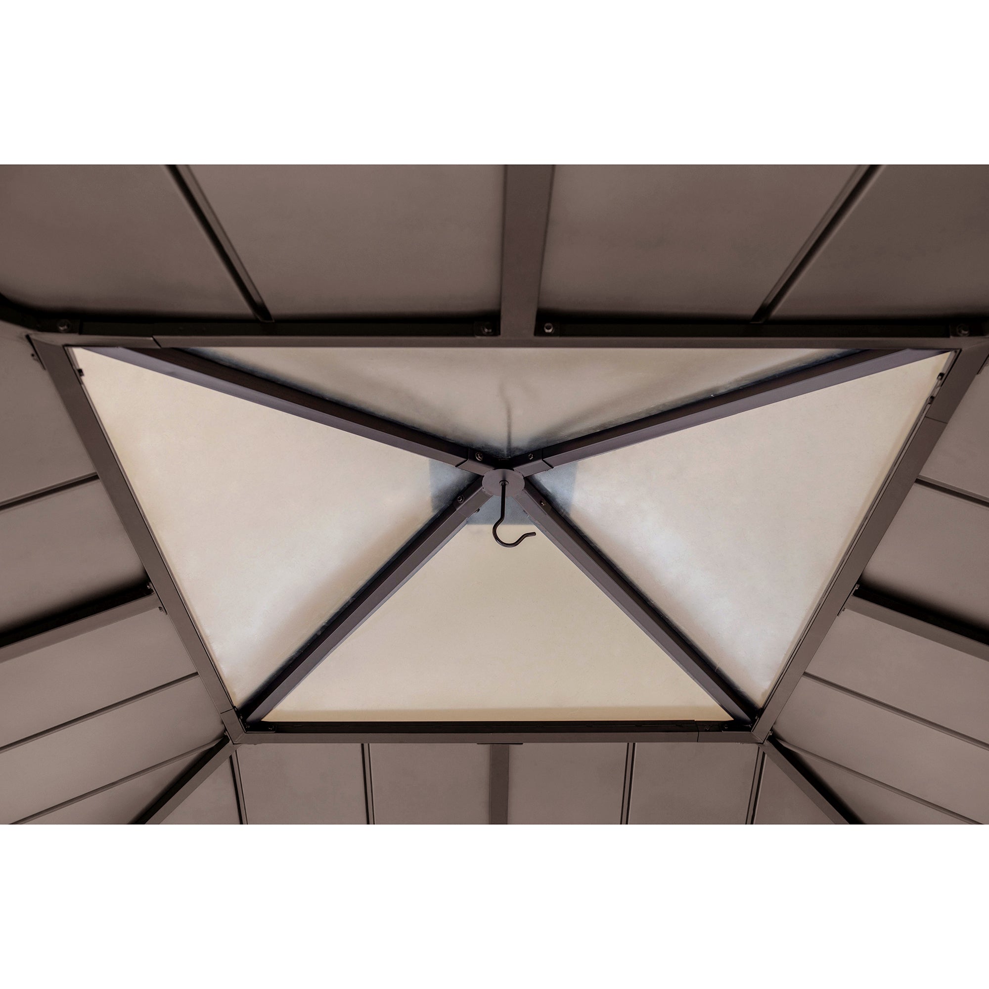 PIRIN 336cm x 336cm Cedar Framed Gazebo with Anthracite Brown Steel and Polycarbonate Hip Roof - inside roof