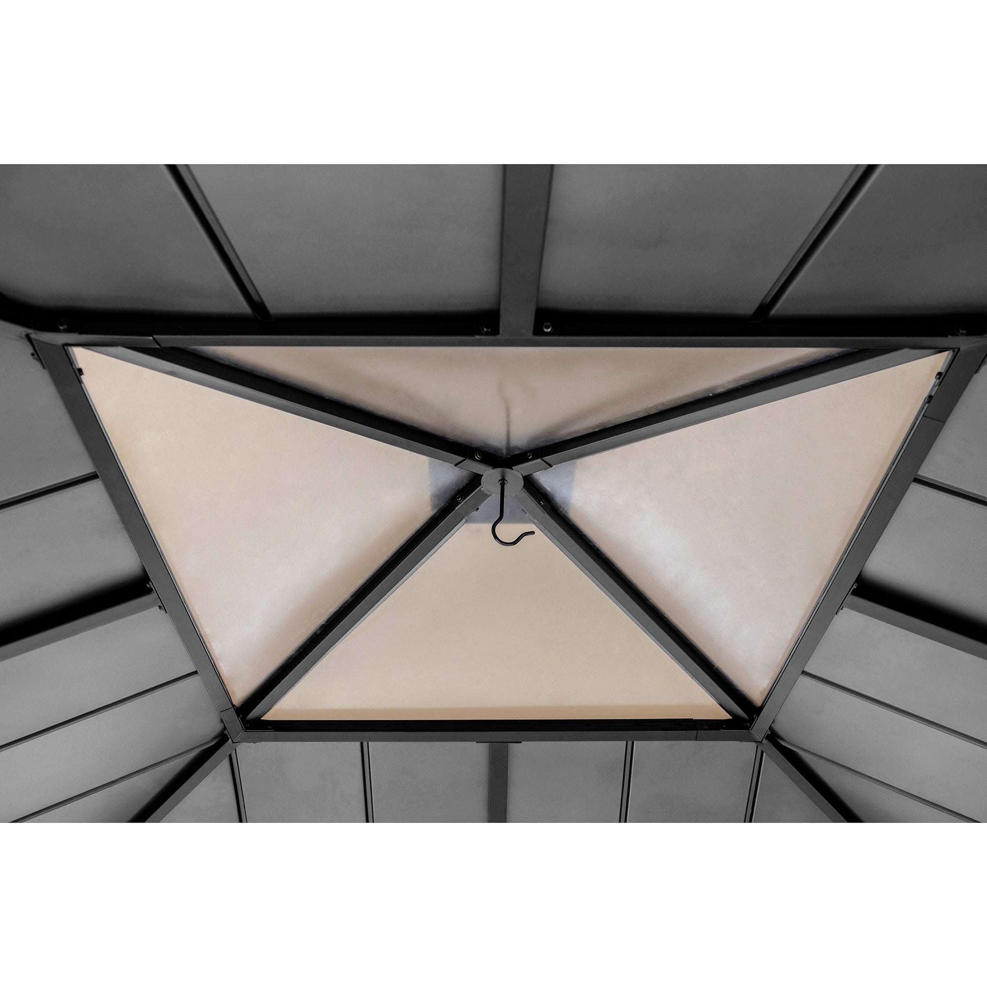 PIRIN 336cm x 336cm Cedar Framed Gazebo with Anthracite Gray Steel and Polycarbonate Hip Roof - inside roof