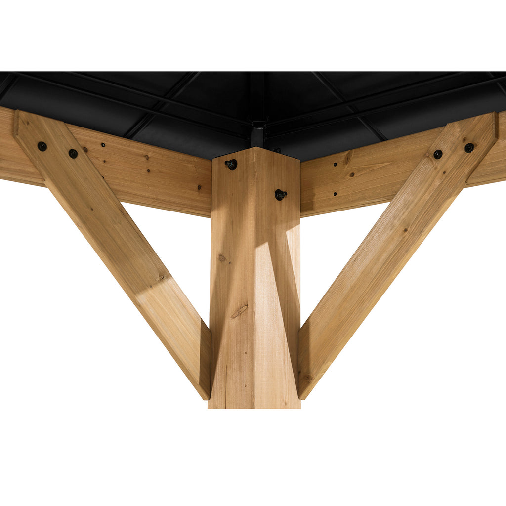 ERNIR 393cm x 452cm Cedar Wood Gazebo with Anthracite Steel Hardtop Roof - inside corner