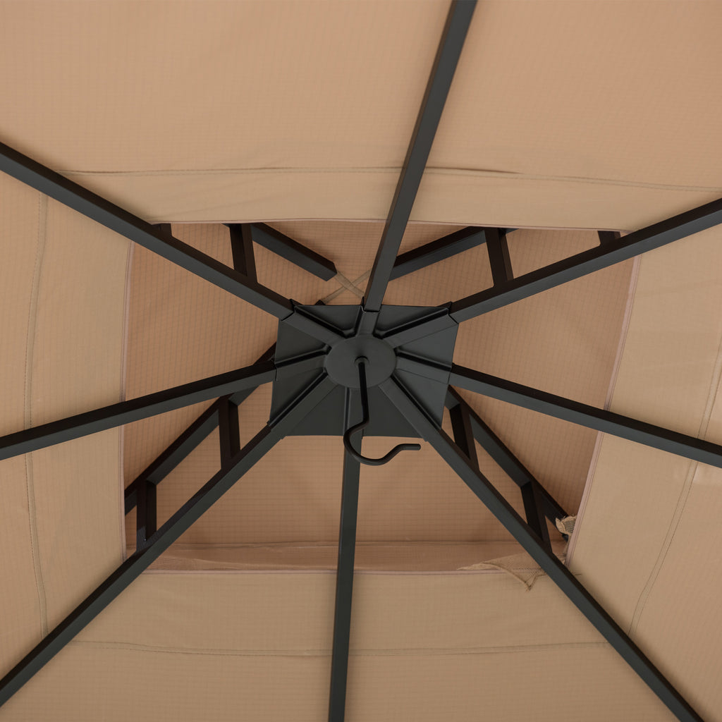 LAURO 340cm x 340cm Brown Fabric Steel Canopy with Ventilated 2-tier Top - inside roof