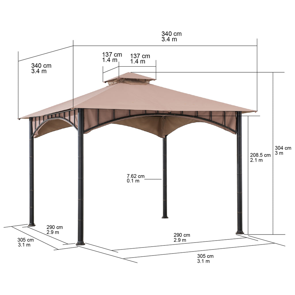 LAURO 340cm x 340cm Brown Fabric Steel Canopy with Ventilated 2-tier Top - dimensons