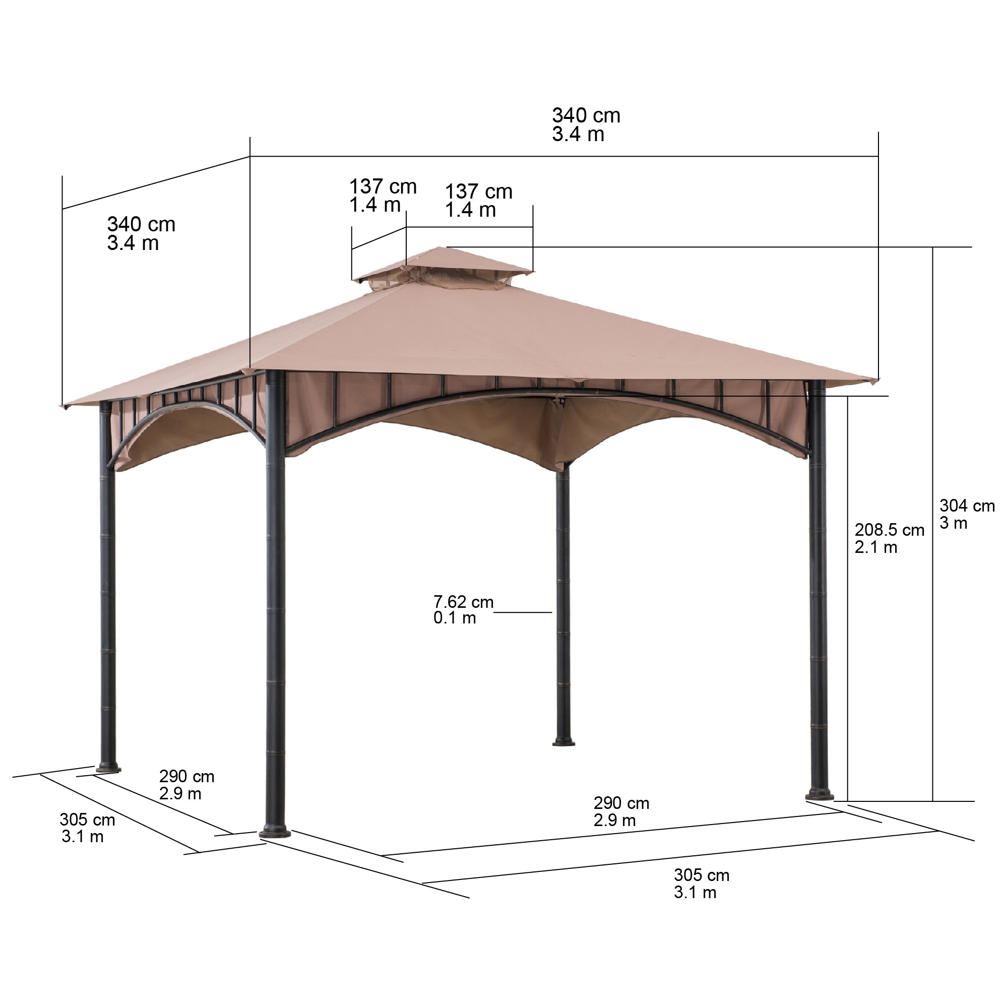 LAURO 340cm x 340cm Brown Fabric Steel Canopy with Ventilated 2-tier Top - dimensons