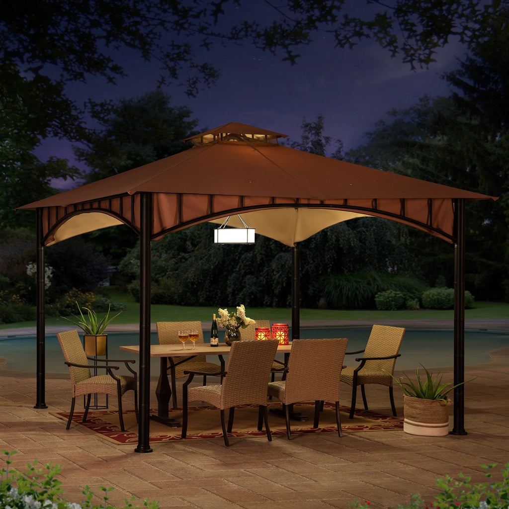 LAURO 340cm x 340cm Brown Fabric Steel Canopy with Ventilated 2-tier Top - full view night