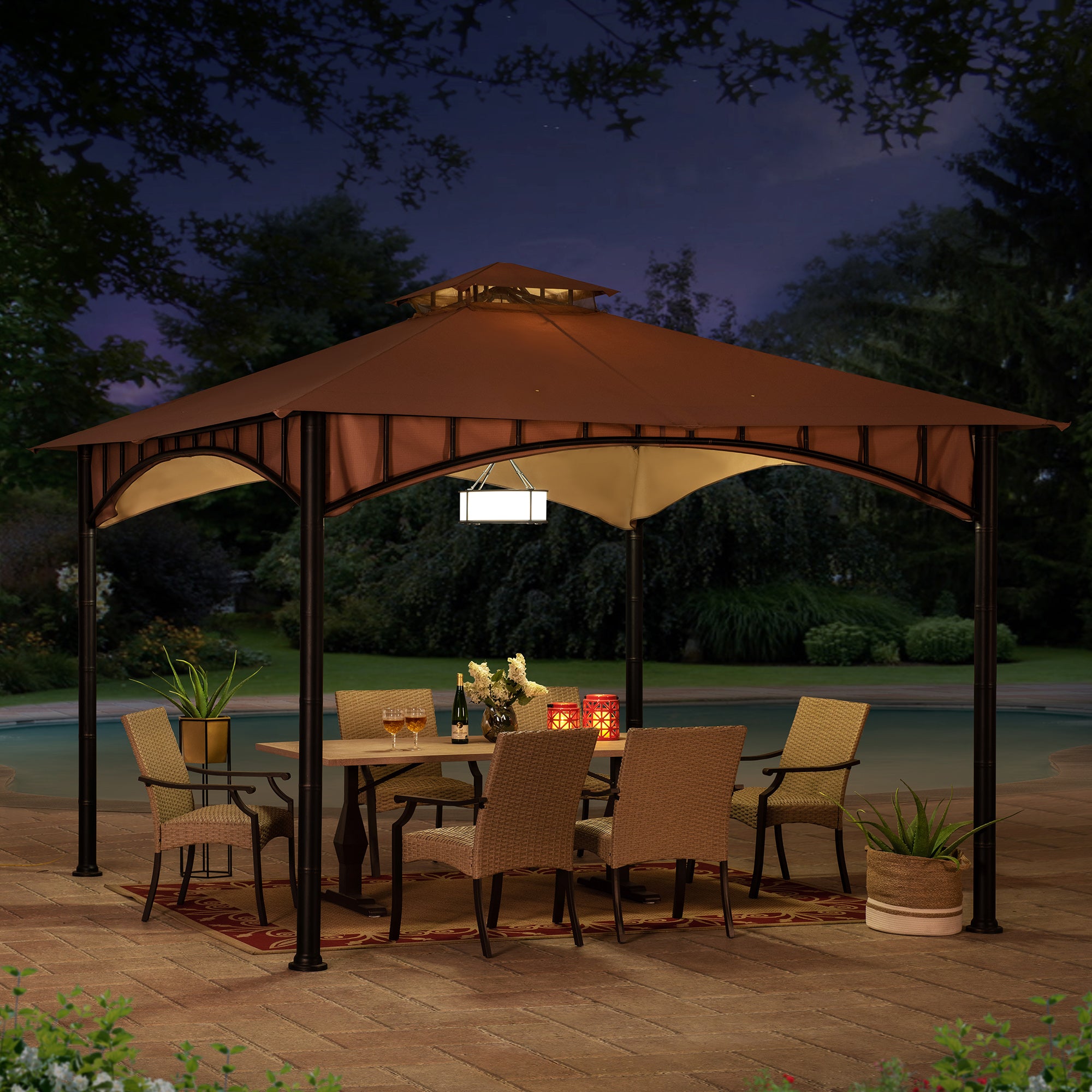 LAURO 340cm x 340cm Brown Fabric Steel Canopy with Ventilated 2-tier Top - full view night