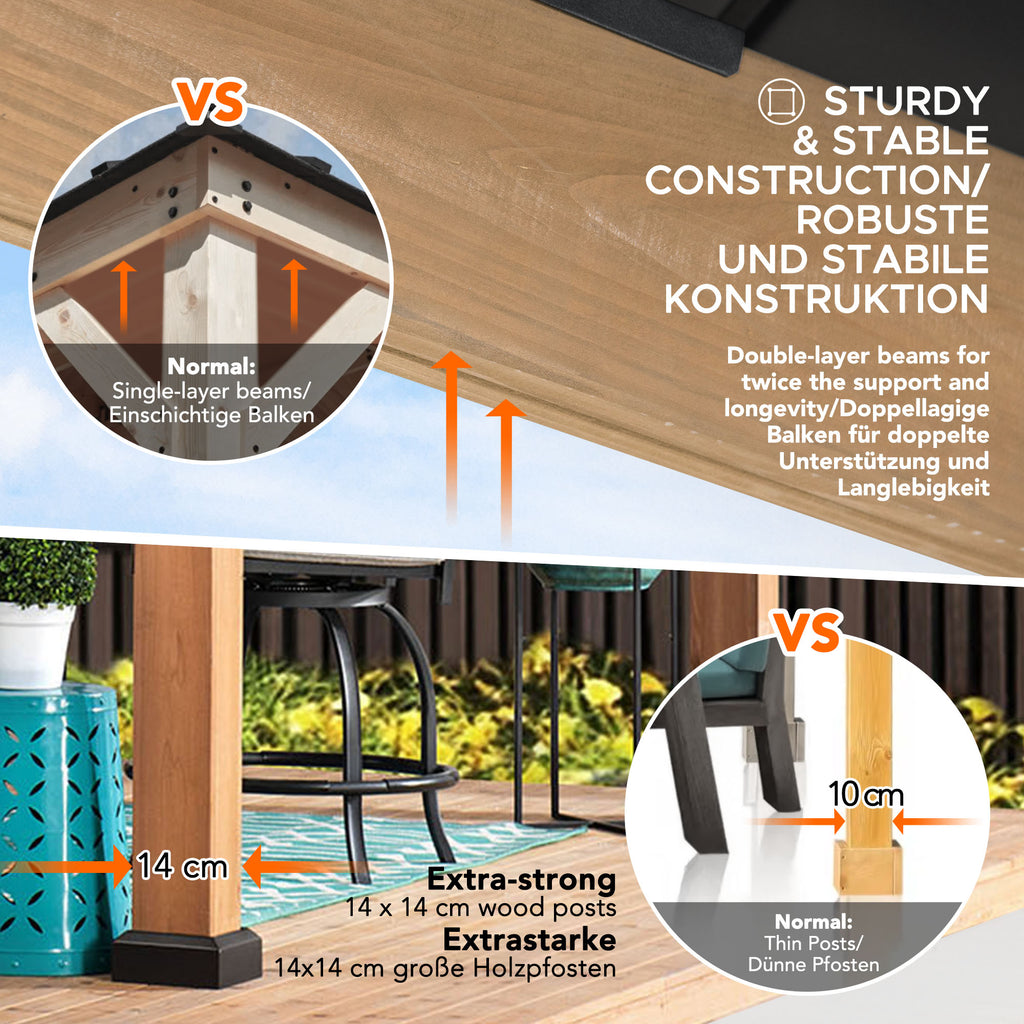 PIRIN 336cm x 336cm Cedar Framed Gazebo with Anthracite Brown Steel and Polycarbonate Hip Roof