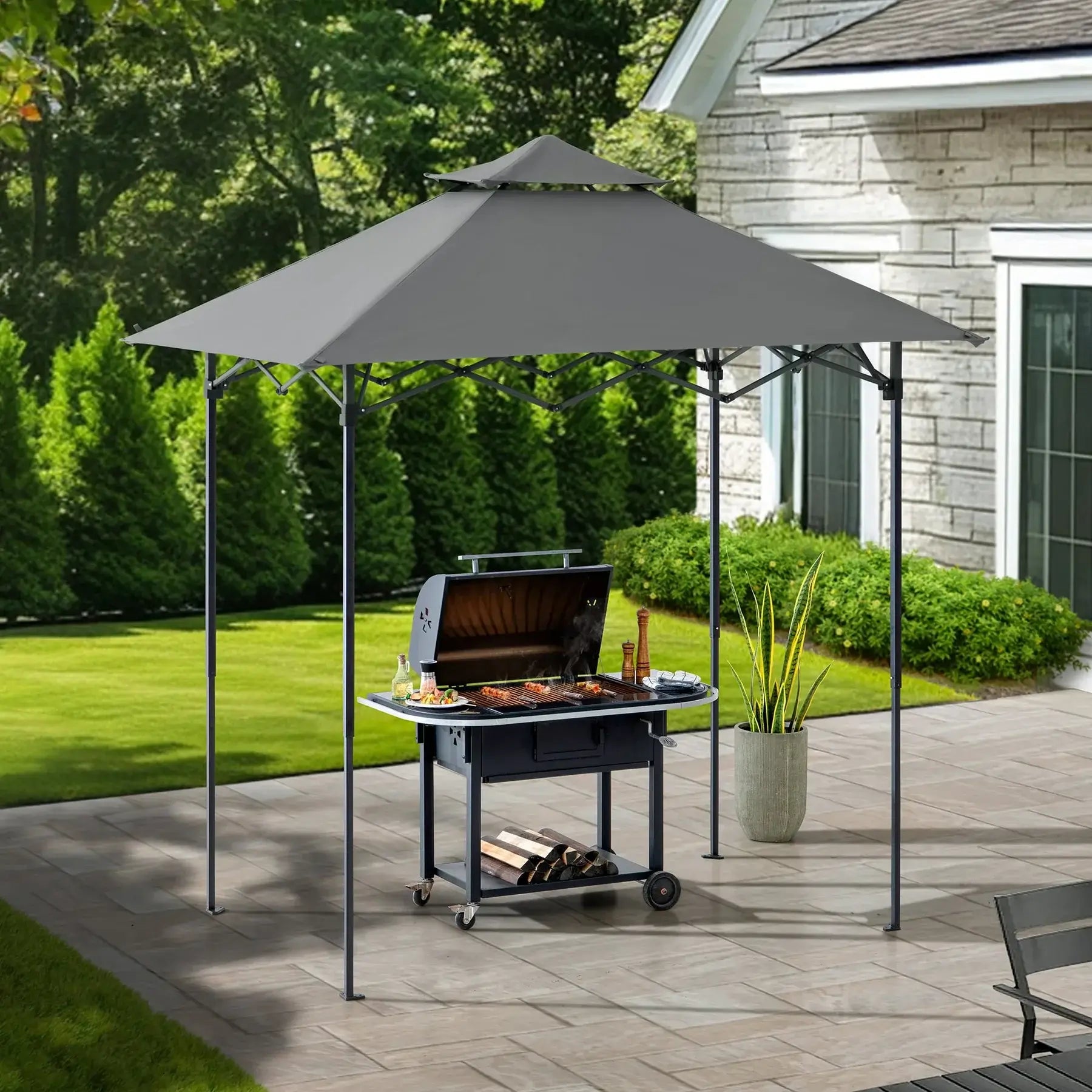 CINTO 256cm x 160cm Grey Steel Grill Gazebo with LED Light