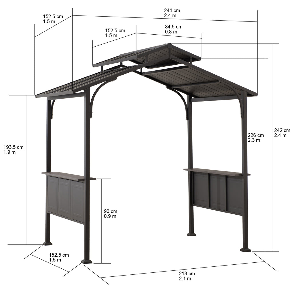 ASPE 152cm x 244cm Black Steel Grill Gazebo with 2-tier Hard Top - dimensions