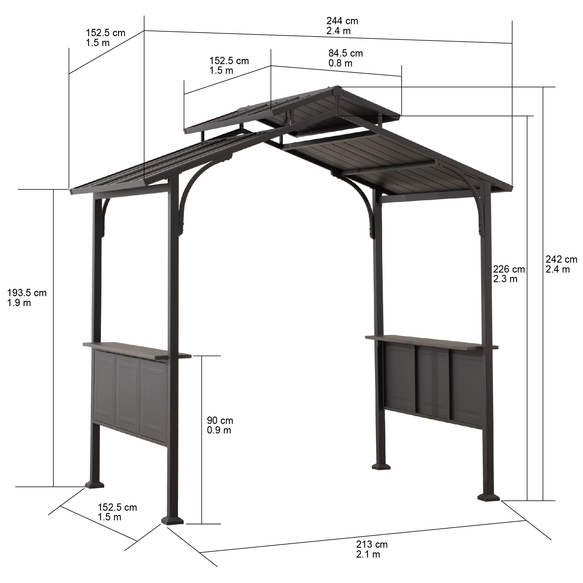 ASPE 152cm x 244cm Black Steel Grill Gazebo with 2-tier Hard Top - dimensions