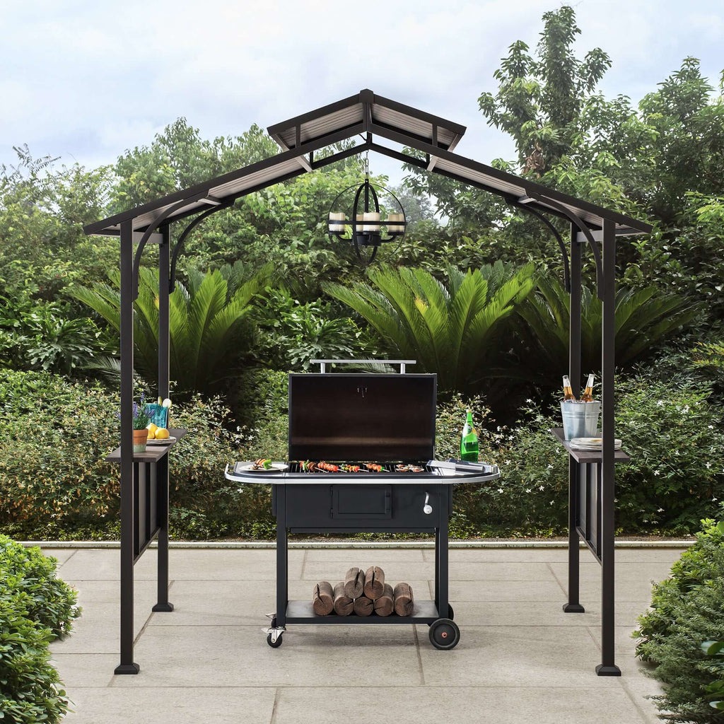 ASPE 152cm x 244cm Black Steel Grill Gazebo with 2-tier Hard Top - full view