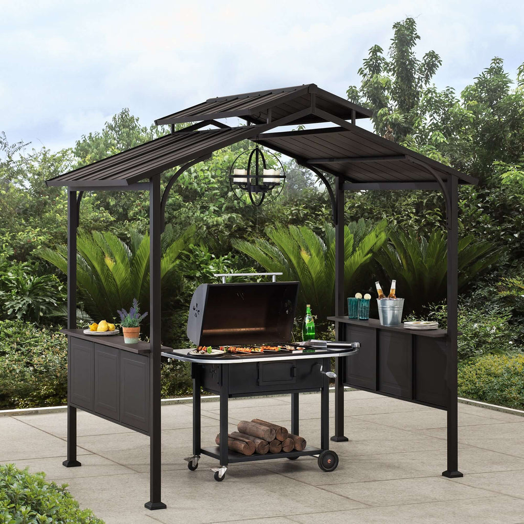 ASPE 152cm x 244cm Black Steel Grill Gazebo with 2-tier Hard Top - side view