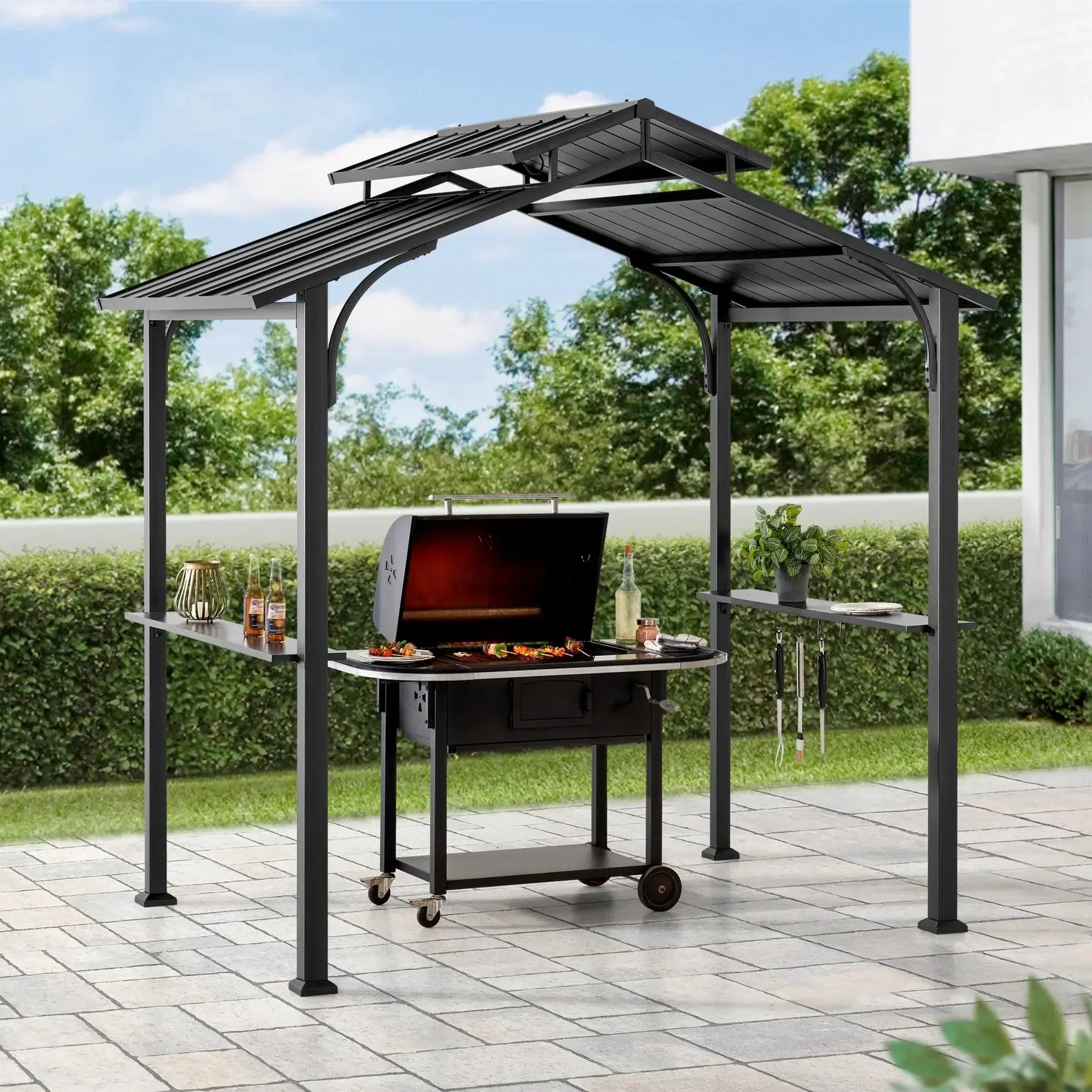 ECRINS 153cm x 242cm Black Steel Grill Gazebo with 2-tier Hard Top
