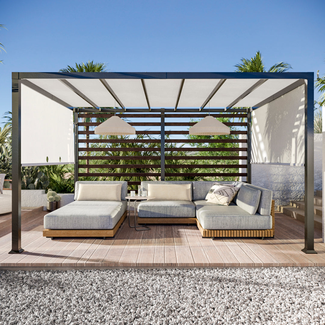 OETA 304cm x 372cm Steel Adjustable Canopy Pergola with White Fabric Soft Top - pergola canopy