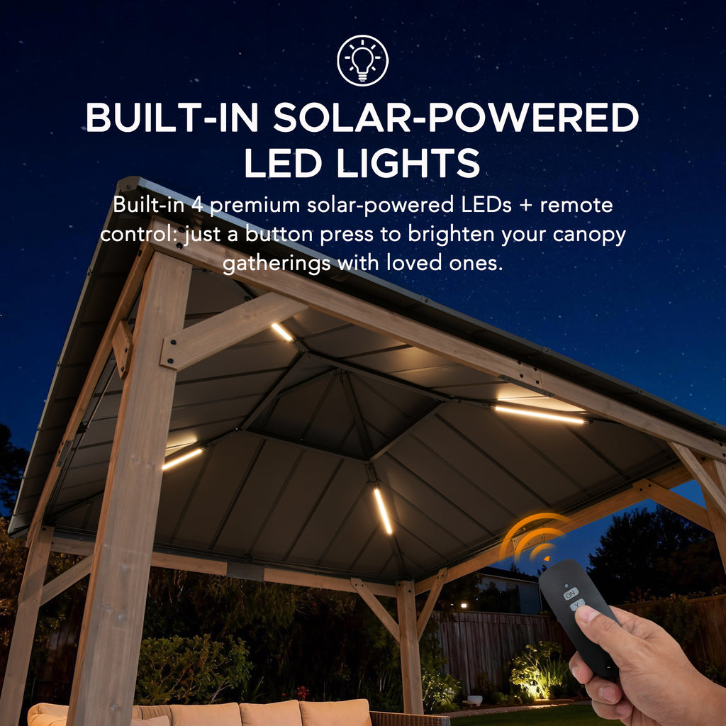 KAPS 330cm x 330cm Solar Powered Gazebo with Dark Brown Steel Hardtop