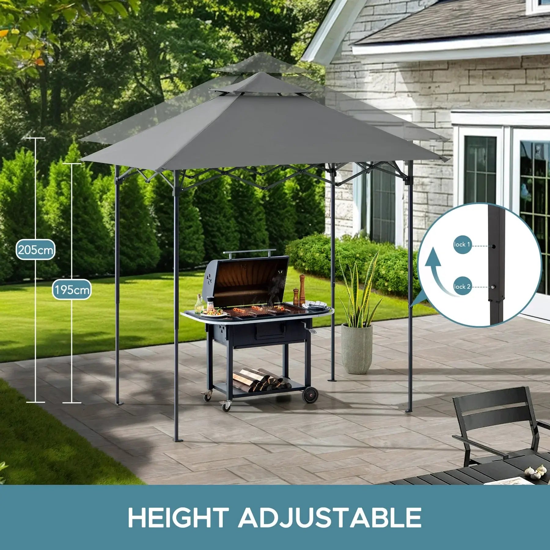 CINTO 256cm x 160cm Grey Steel Grill Gazebo with LED Light
