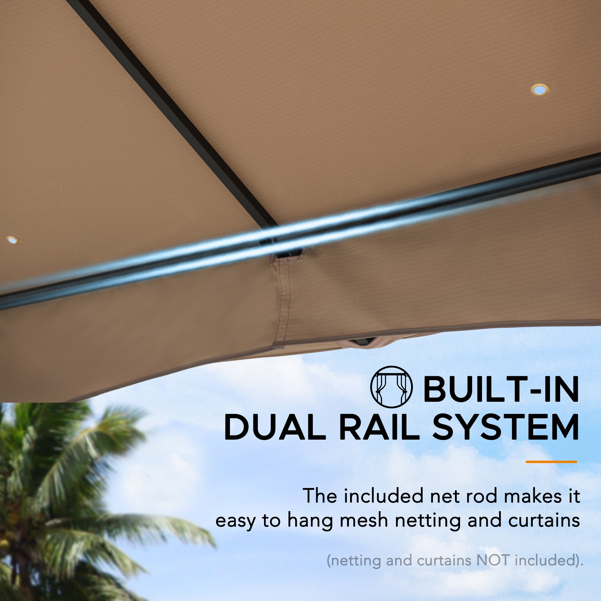 LAURO 340cm x 340cm Brown Fabric Steel Canopy with Ventilated 2-tier Top