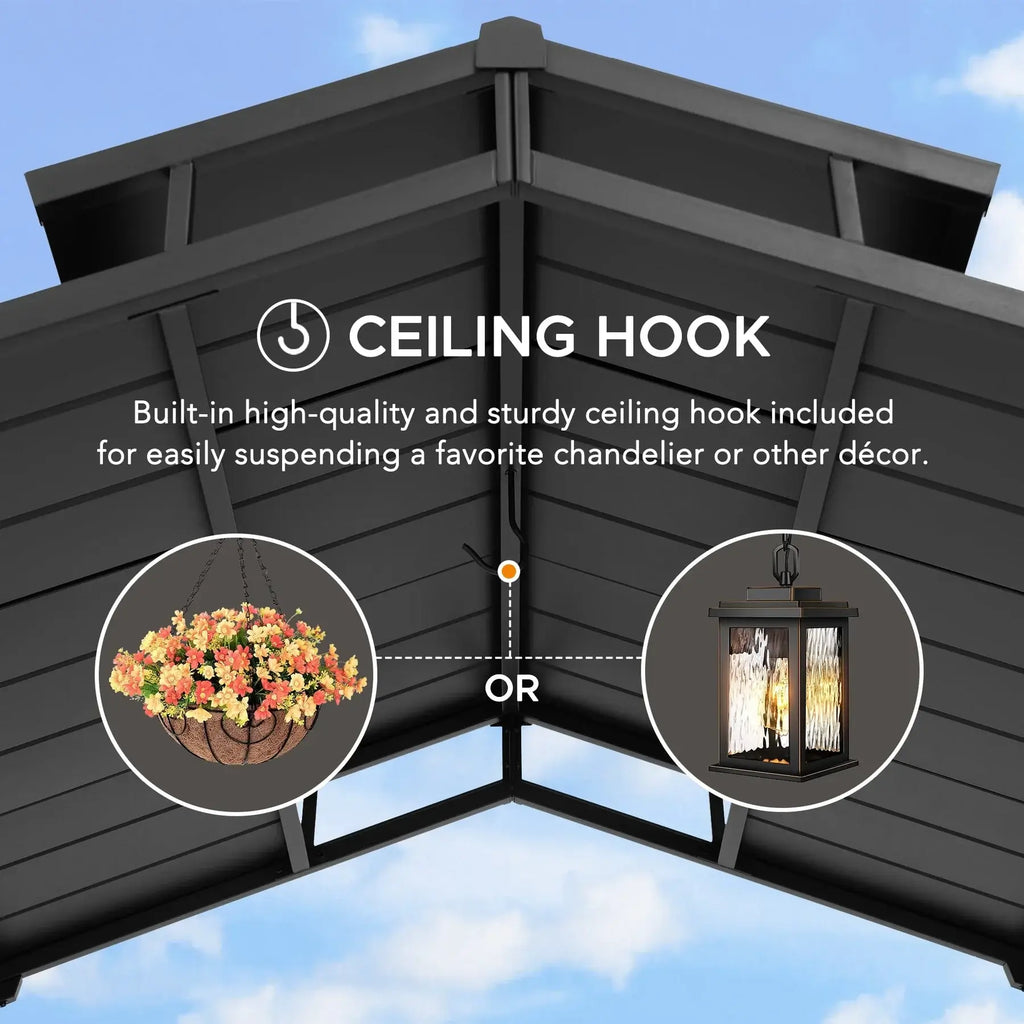 ECRINS 153cm x 242cm Black Steel Grill Gazebo with 2-tier Hard Top