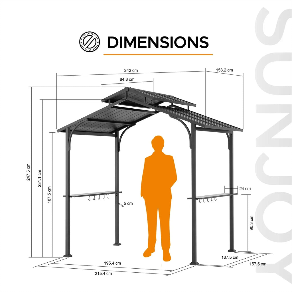 ECRINS 153cm x 242cm Black Steel Grill Gazebo with 2-tier Hard Top