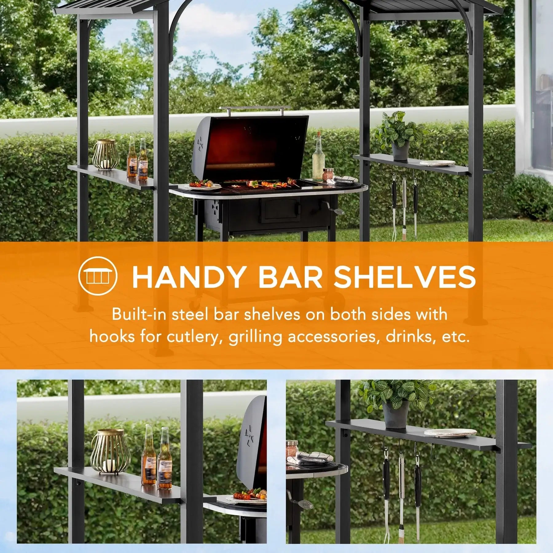 ECRINS 153cm x 242cm Black Steel Grill Gazebo with 2-tier Hard Top