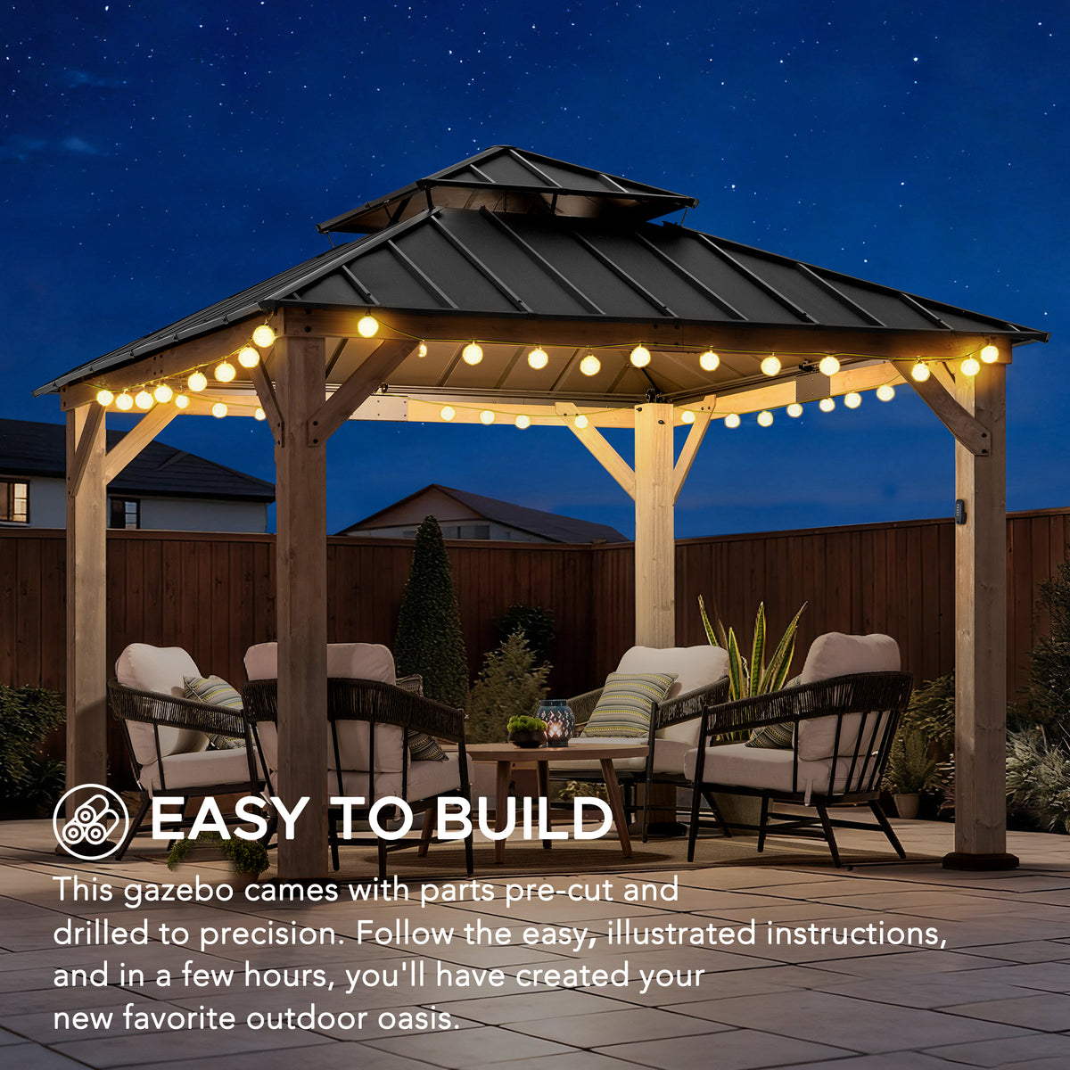 KAPS 330cm x 330cm Solar Powered Gazebo with Dark Brown Steel Hardtop