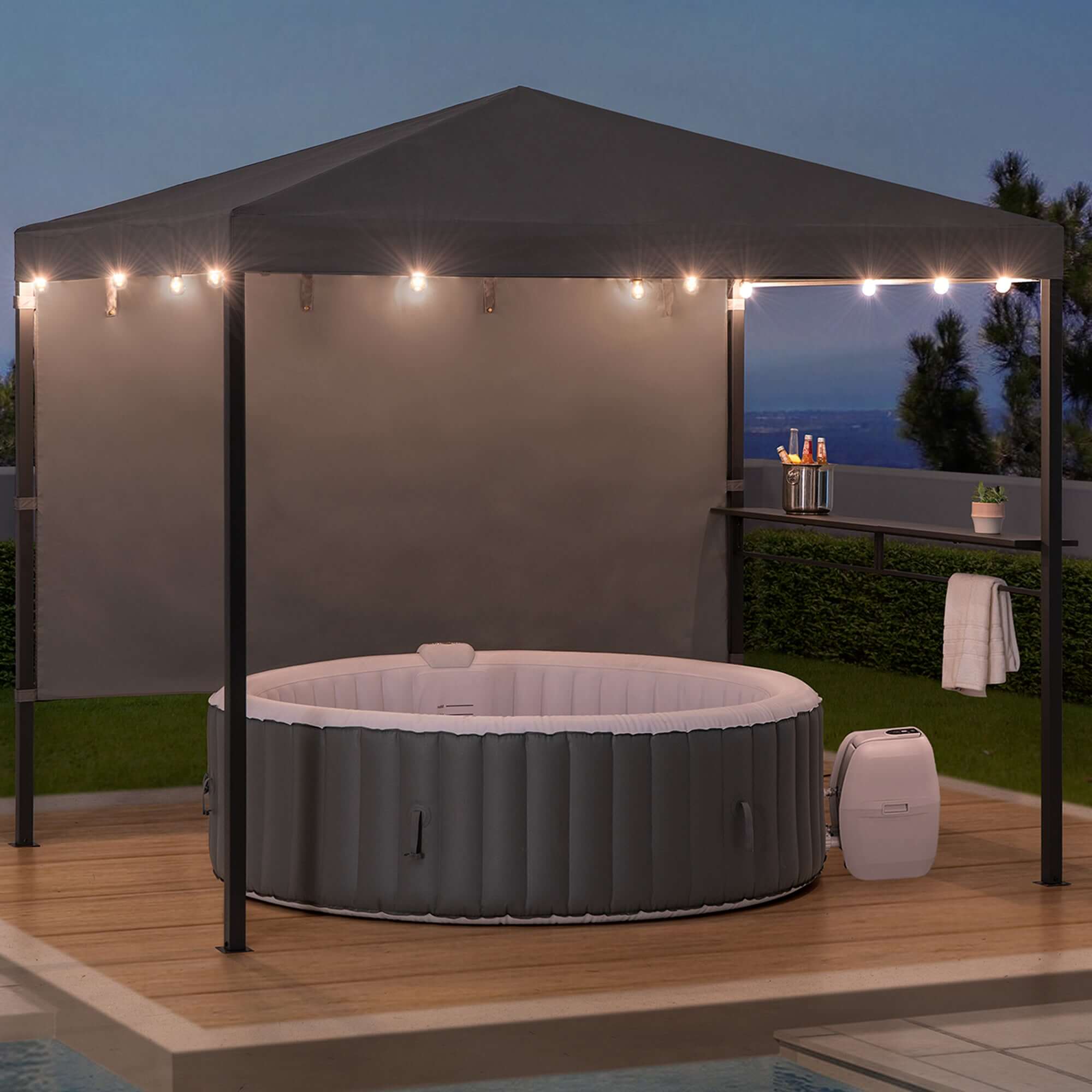 KABRU 220cm x 280cm Gray Hot Tub Canopy Gazebo - full view night