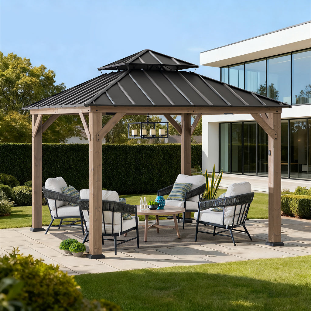 KAPS 330cm x 330cm Solar Powered Gazebo with Dark Brown Steel Hardtop