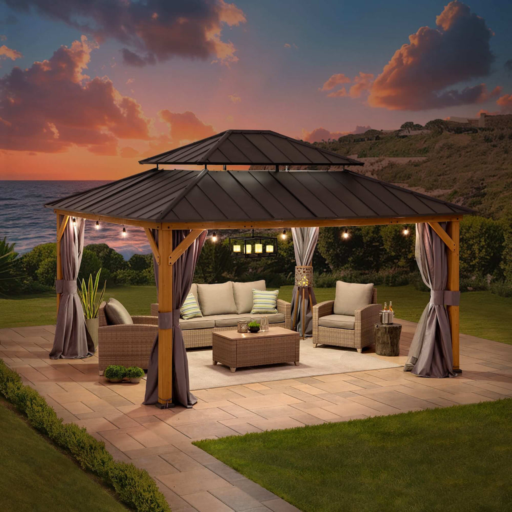 TRIVOR 450cm x 390cm Cedar Framed Gazebo with Anthracite Steel 2-tier Roof - full view night