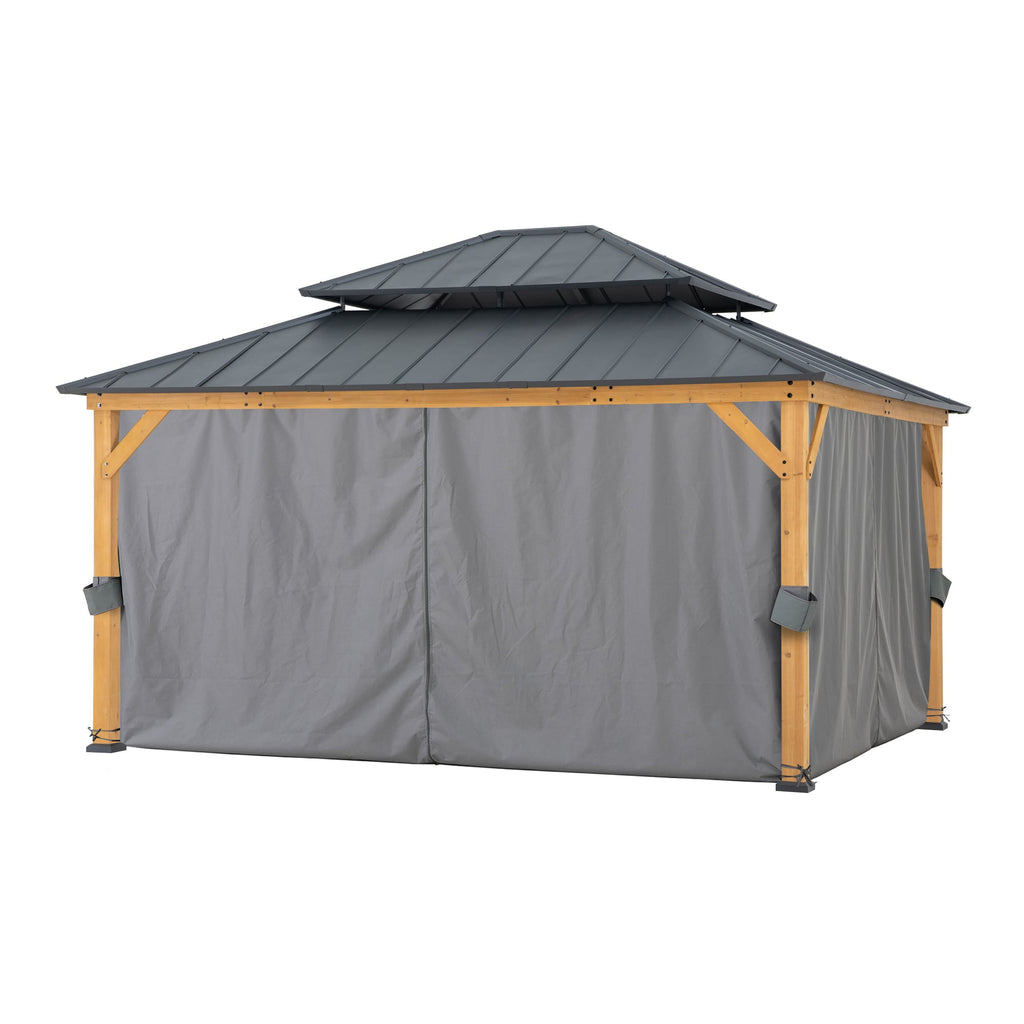 TRIVOR 450cm x 390cm Cedar Framed Gazebo with Anthracite Steel 2-tier Roof - closed curtains